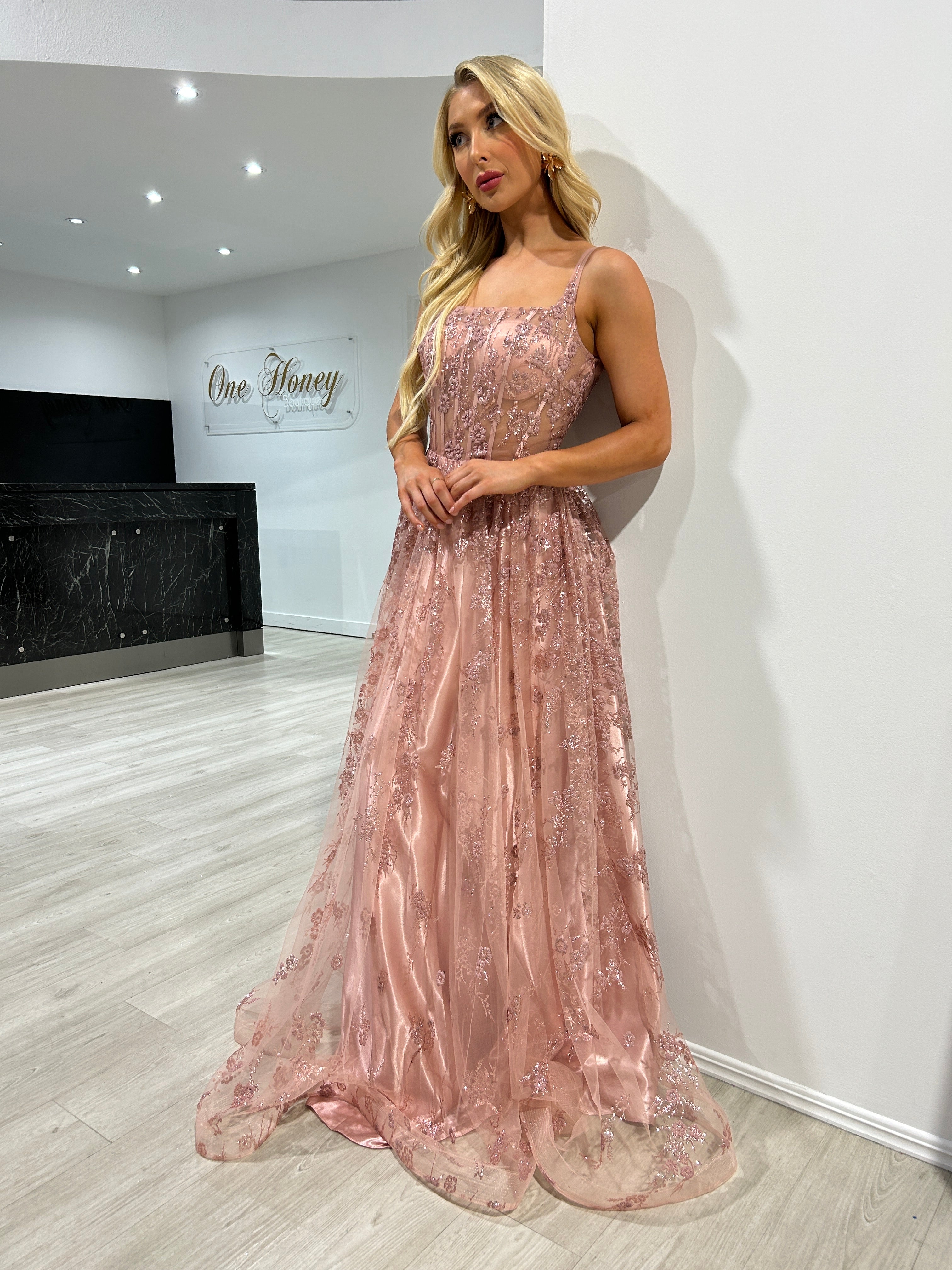 Honey Couture BELLAMY Rose Gold Glitter Ball Gown Formal Dress