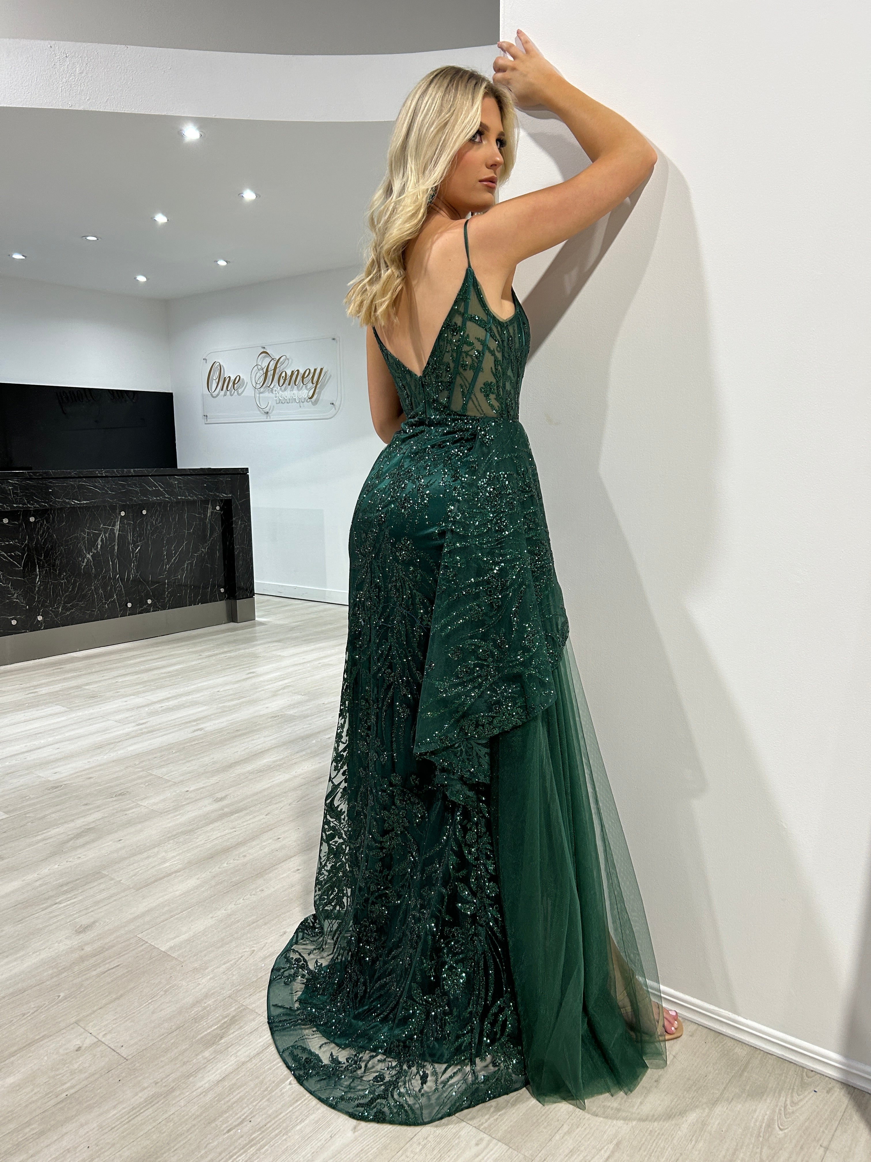 Honey Couture LOVAH Emerald Green Glitter Corset Peplum Mermaid Formal Gown Dress