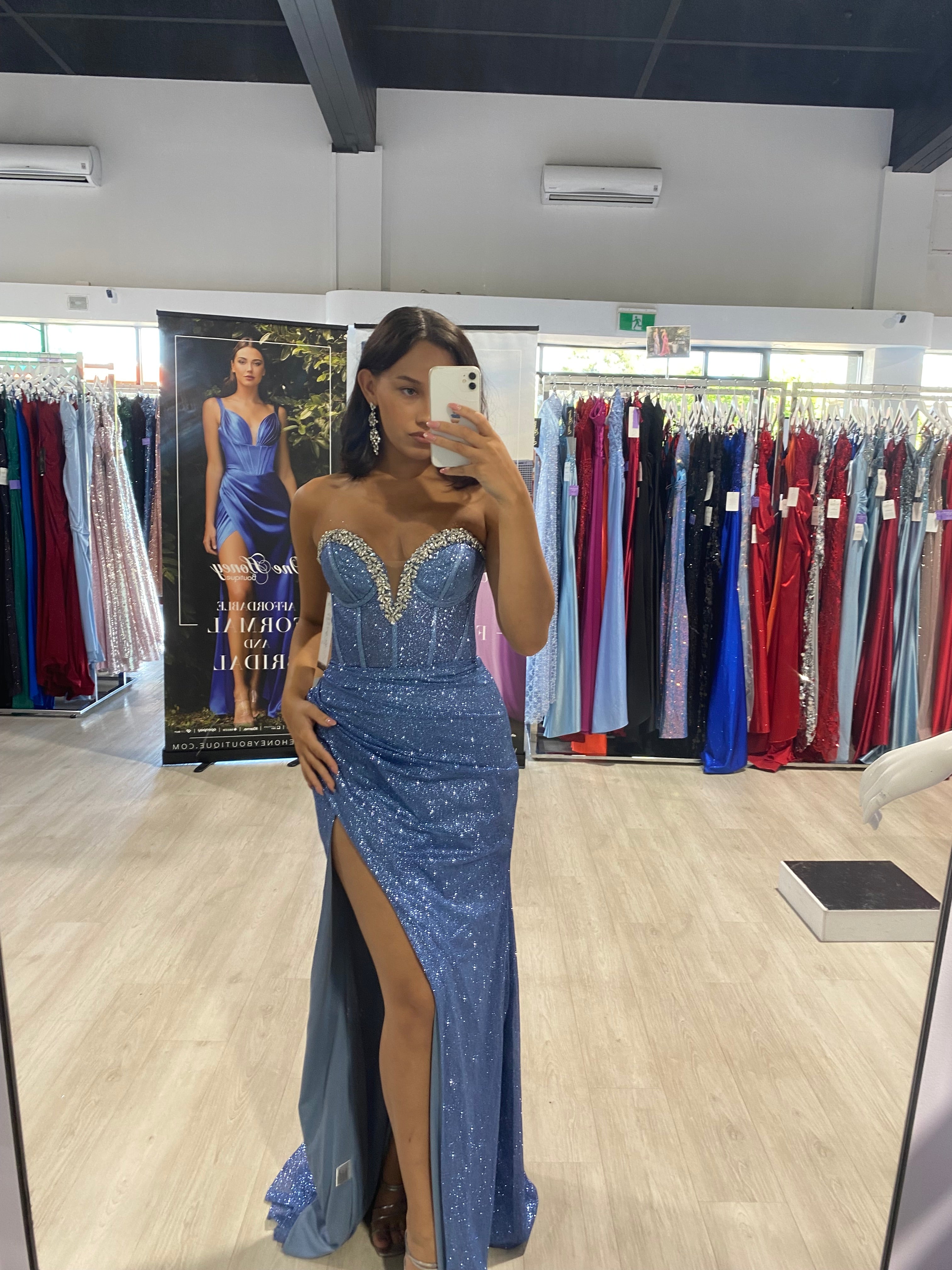 Honey Couture CHANTEL Smokey Blue Glitter Crystal Bustier Corset Prom & Formal Dress