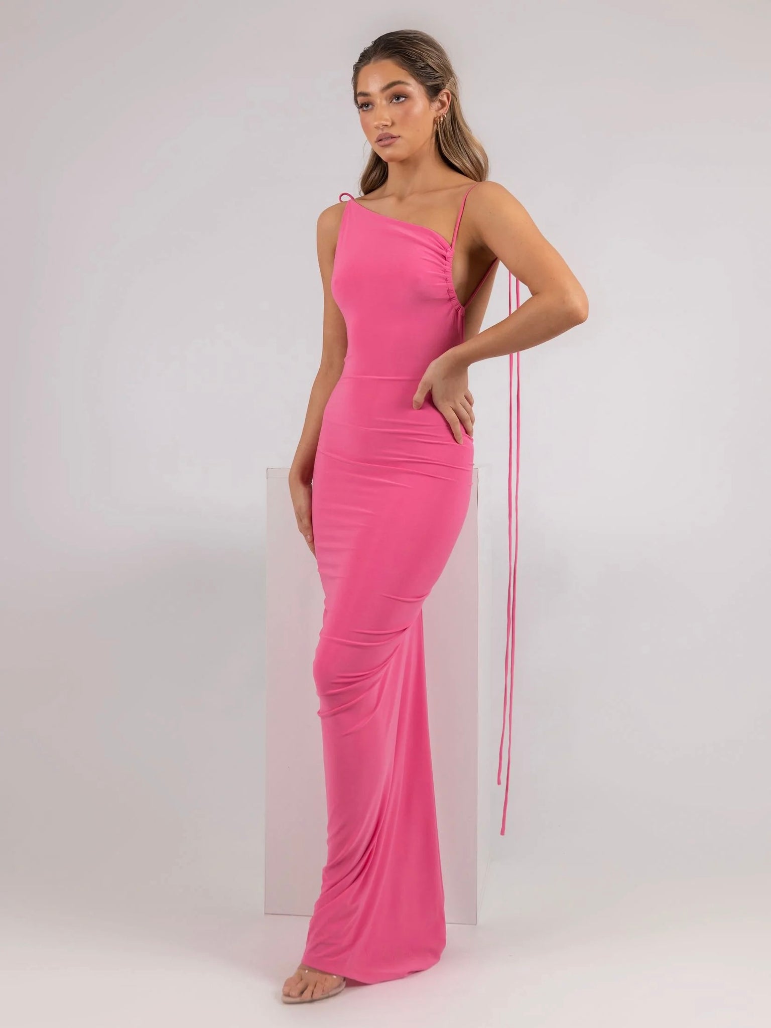 MÉLANI The Label GIA Pink Asymmetric Open Back Form Fitted Midi Dress