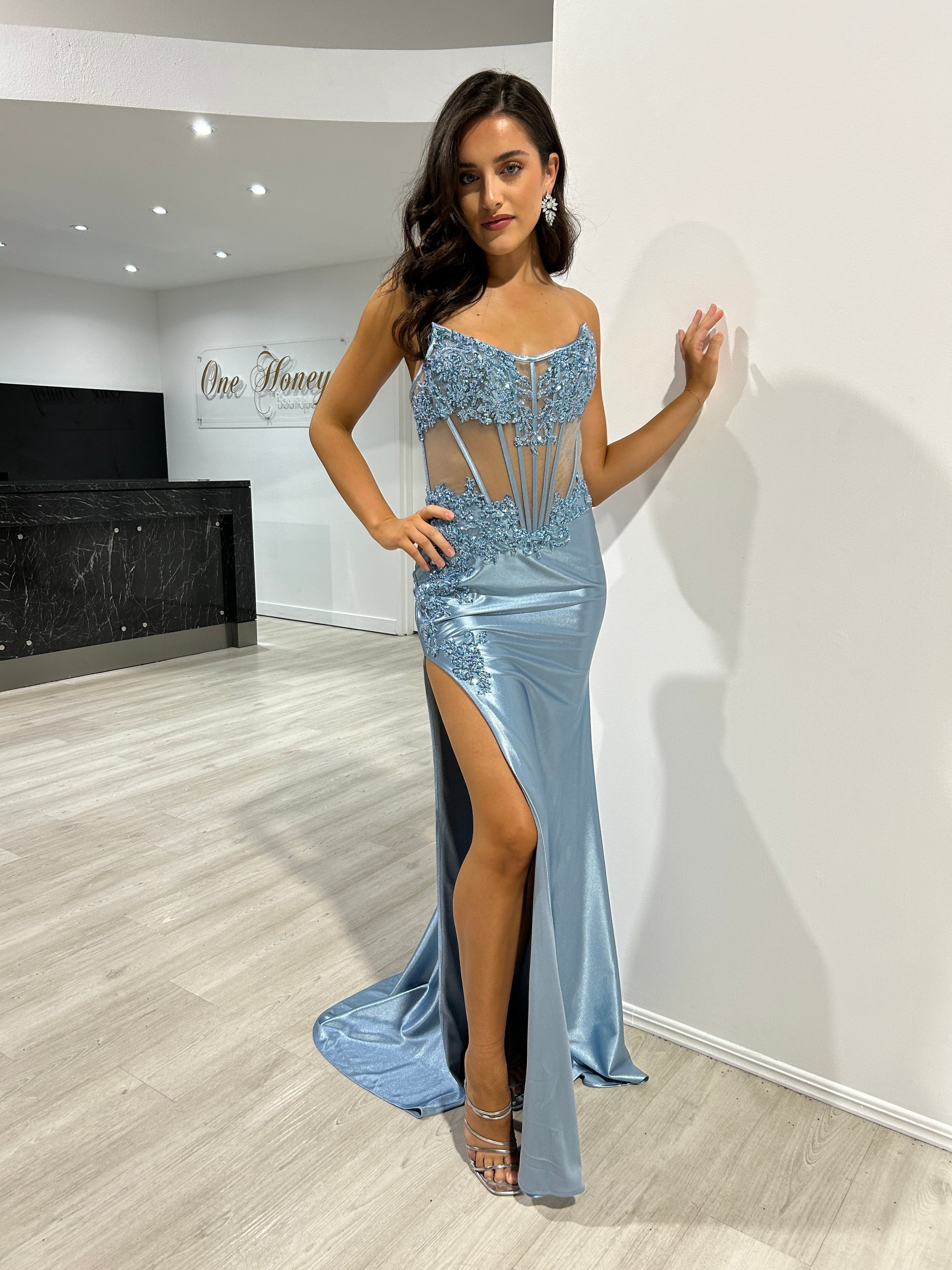Honey Couture AZURA Dusty Blue Strapless Corset Silky Mermaid Formal Gown Dress