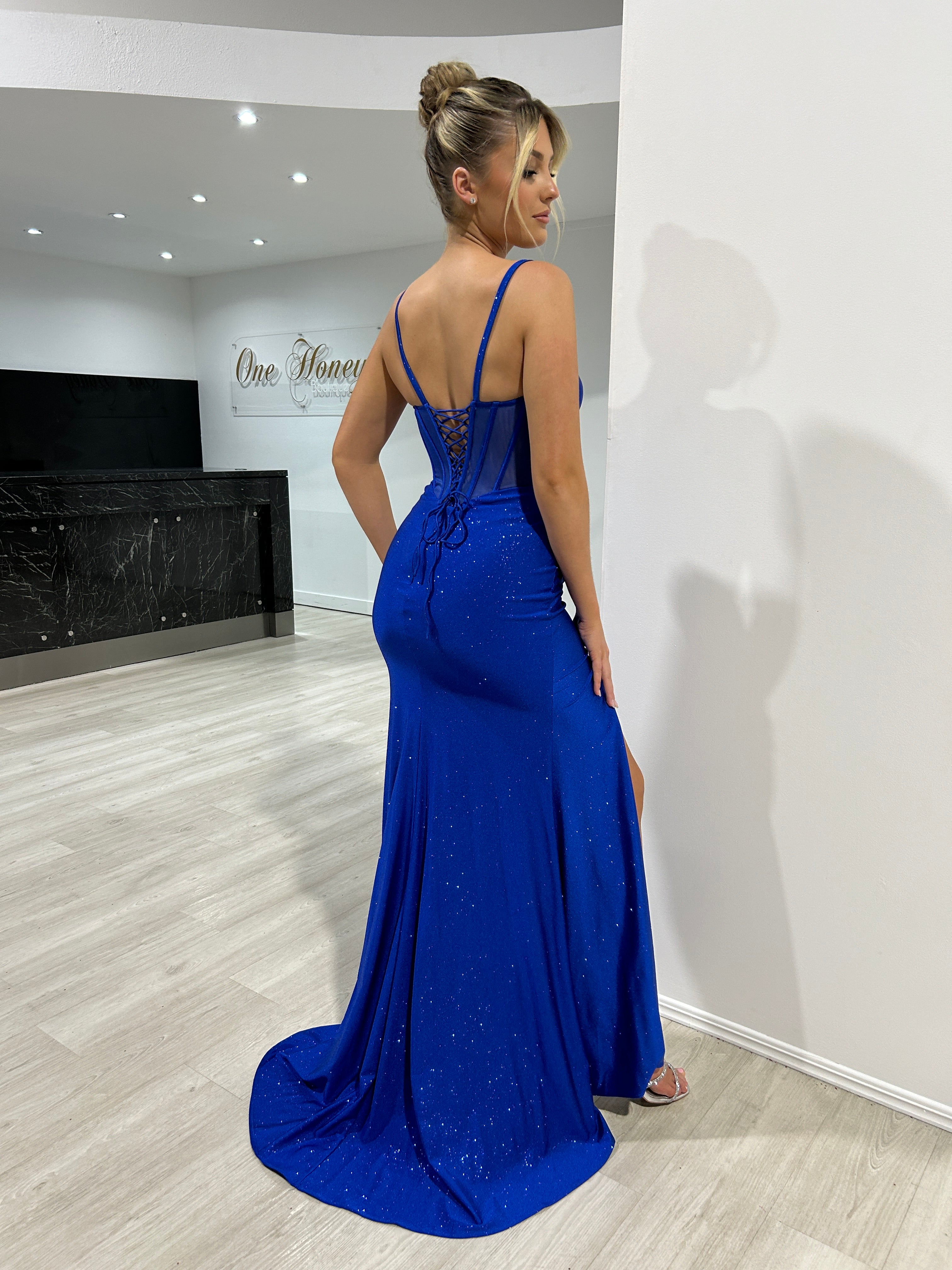 Honey Couture MALIA Blue Embellished Stretch Glitter Satin Mermaid Formal Dress