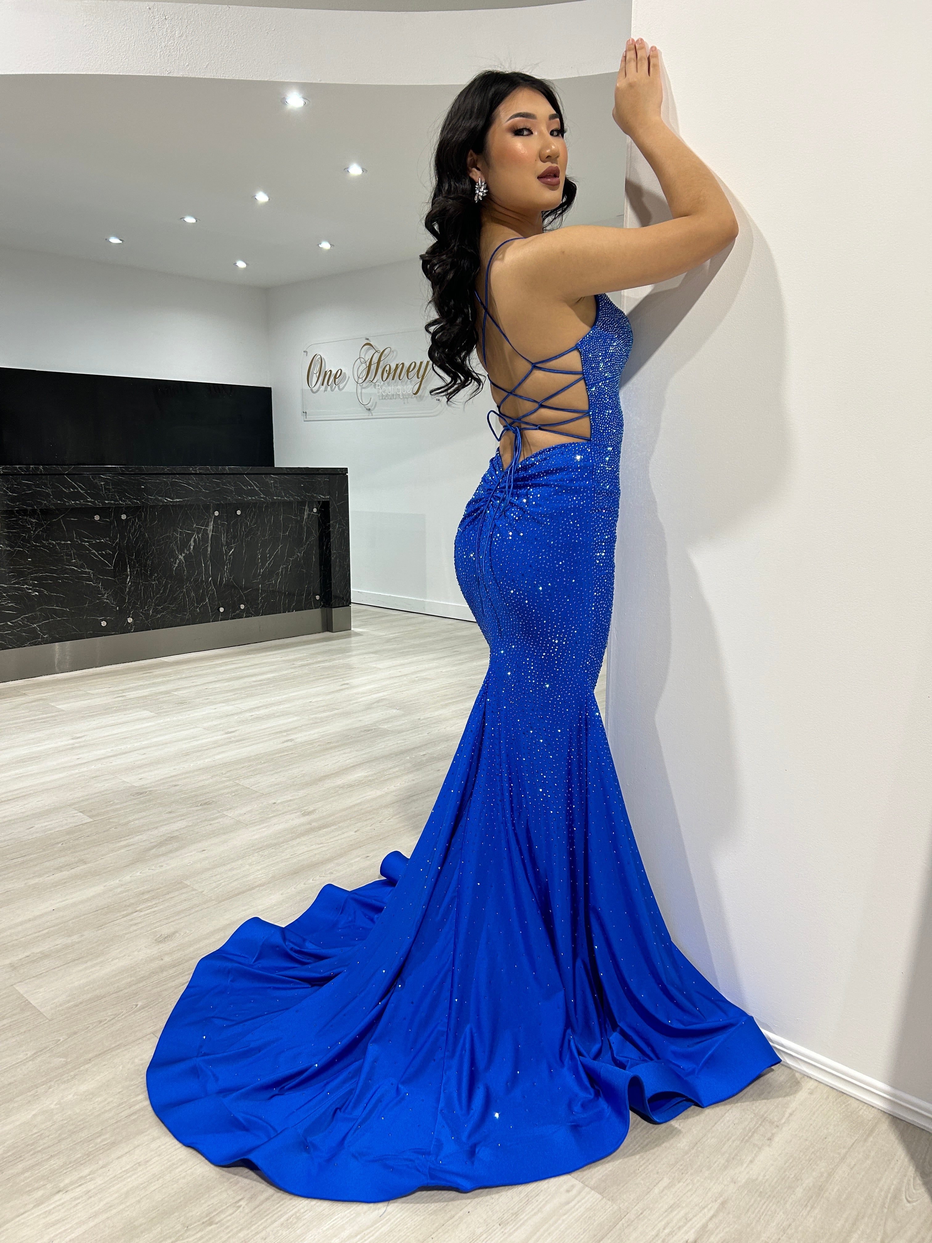 Sherri Hill 55124 Royal Blue Rhinestone Embellished Jersey Corset Back Mermaid Formal Dress