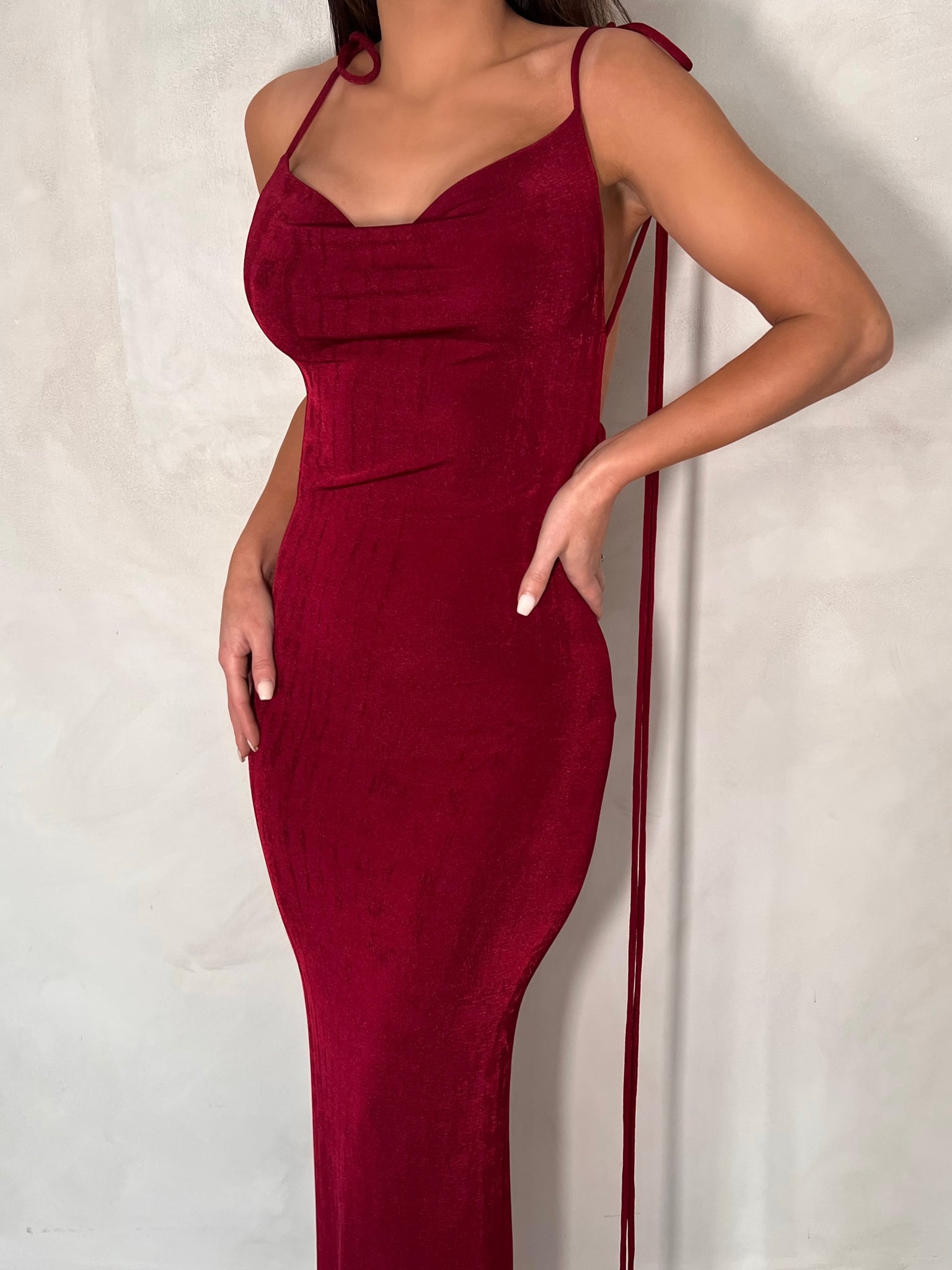 MÉLANI The Label CRISTINA Wine Drape Low Back Dress