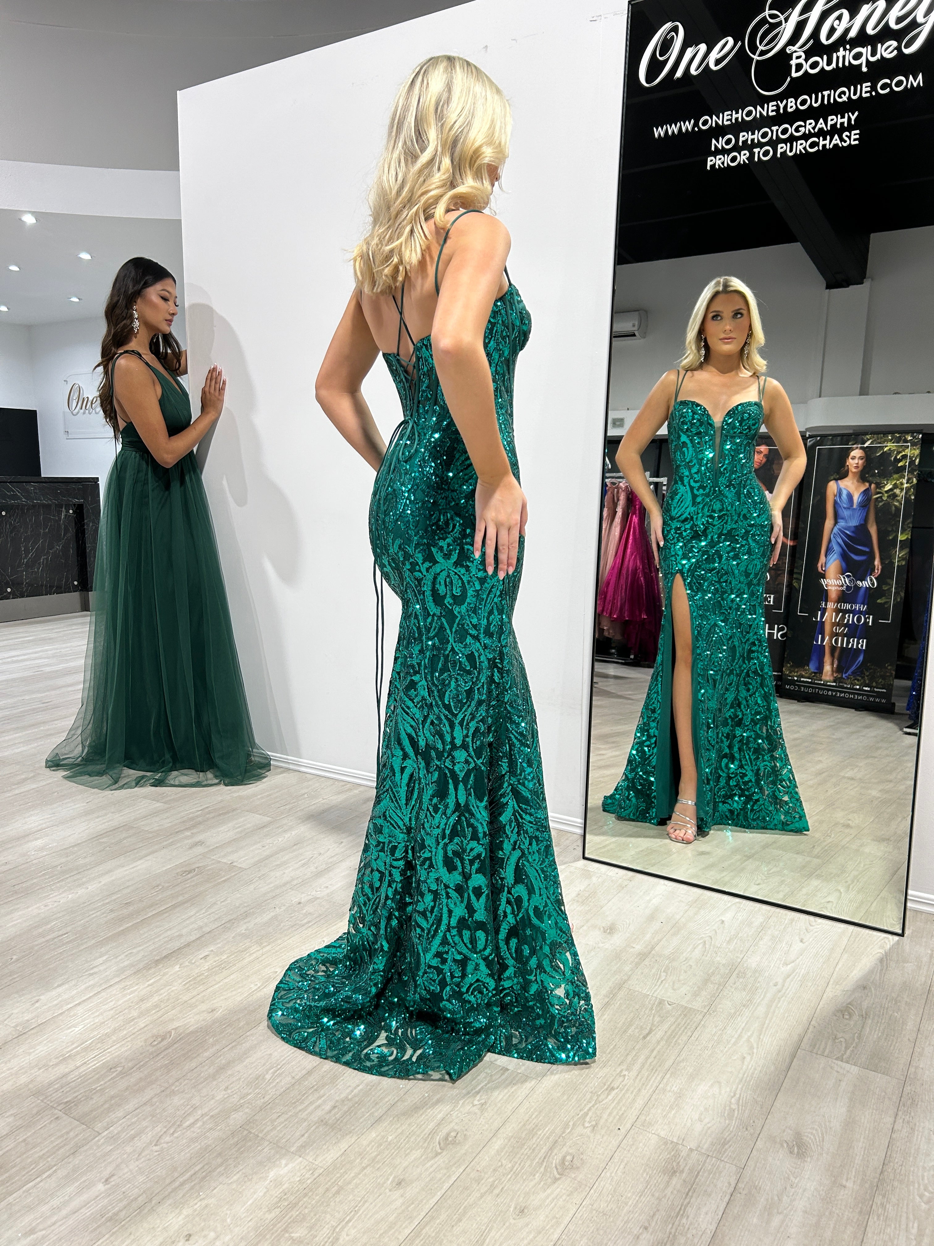 Honey Couture MILLIE Emerald Green Sequin Corset Mermaid Formal Gown Dress