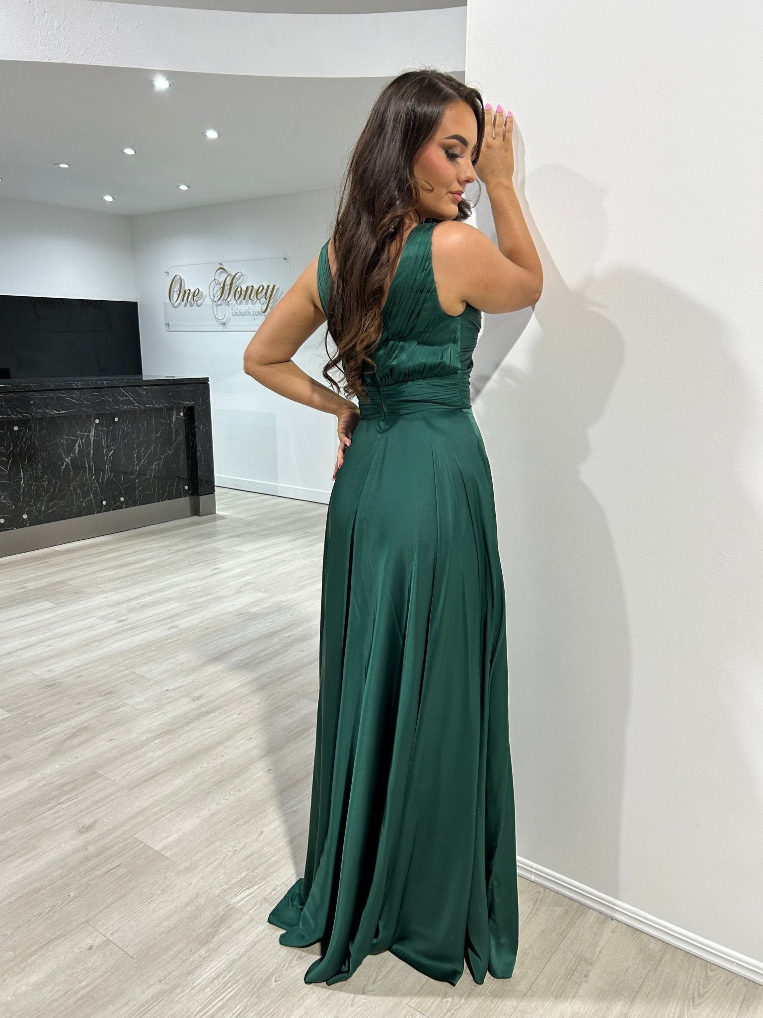 Honey Couture WILLOWMENA Emerald Green Keyhole Silky A Line Bridesmaid Formal Dress in Australia | One Honey Boutique