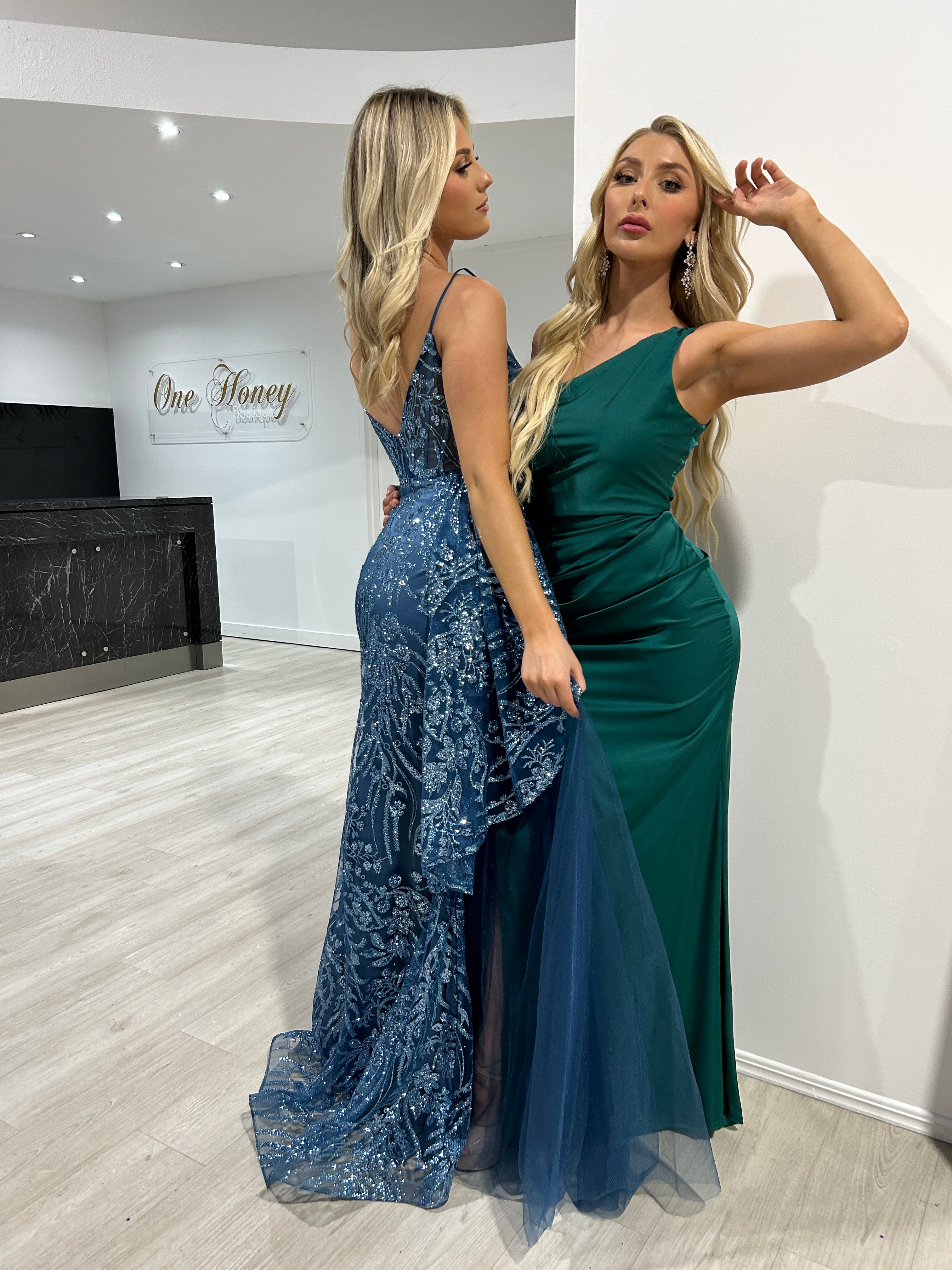 Honey Couture LOVAH Lapis Blue Glitter Corset Peplum Mermaid Formal Gown Dress