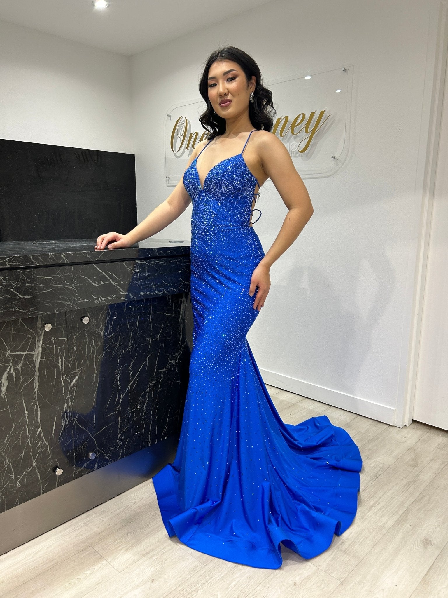 Sherri Hill 55124 Royal Blue Rhinestone Embellished Jersey Corset Back Mermaid Formal Dress in Australia | One Honey Boutique