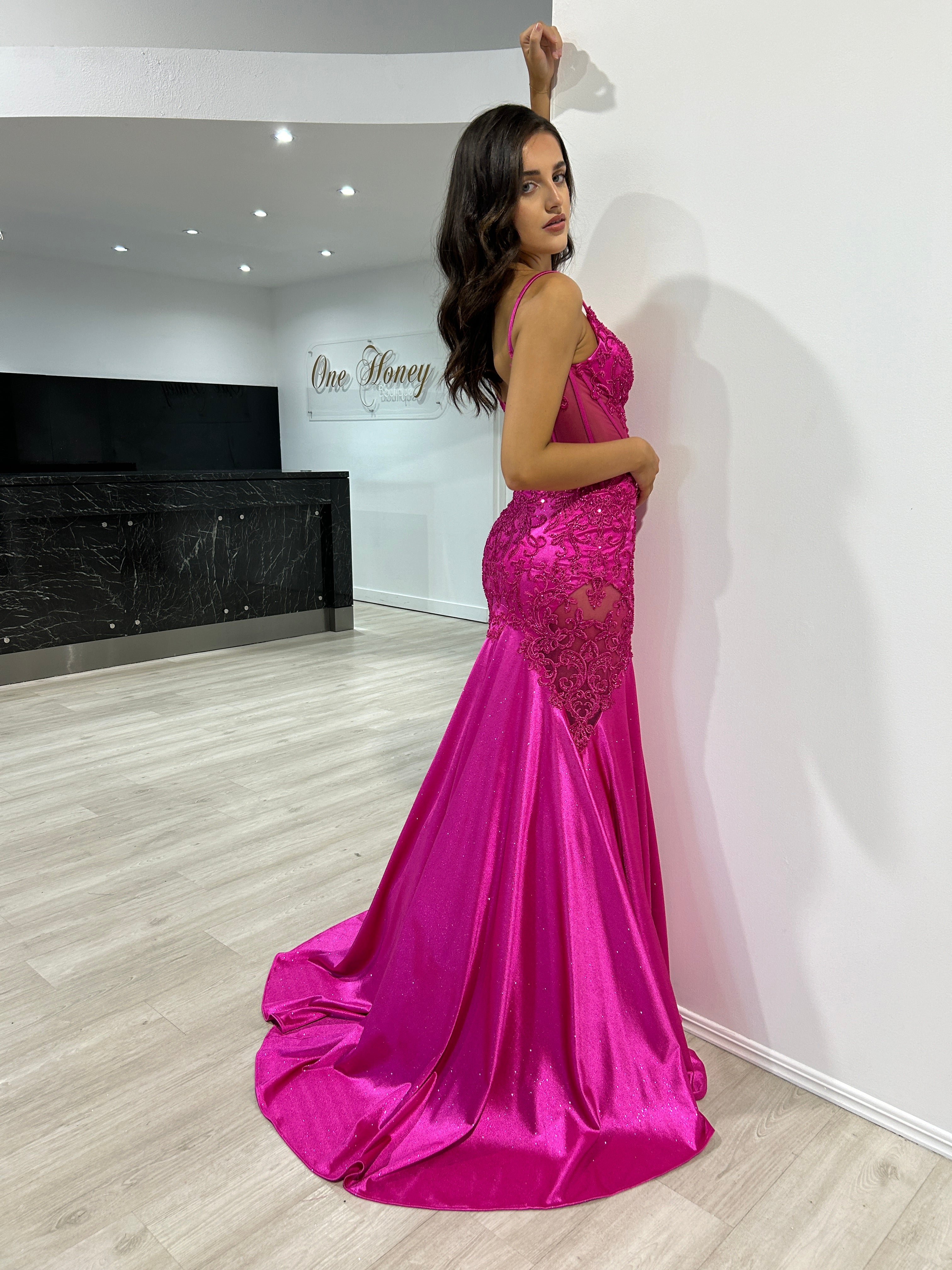 Honey Couture JEAN Fuchsia Lace and Glitter Fishtail Mermaid Formal Dress