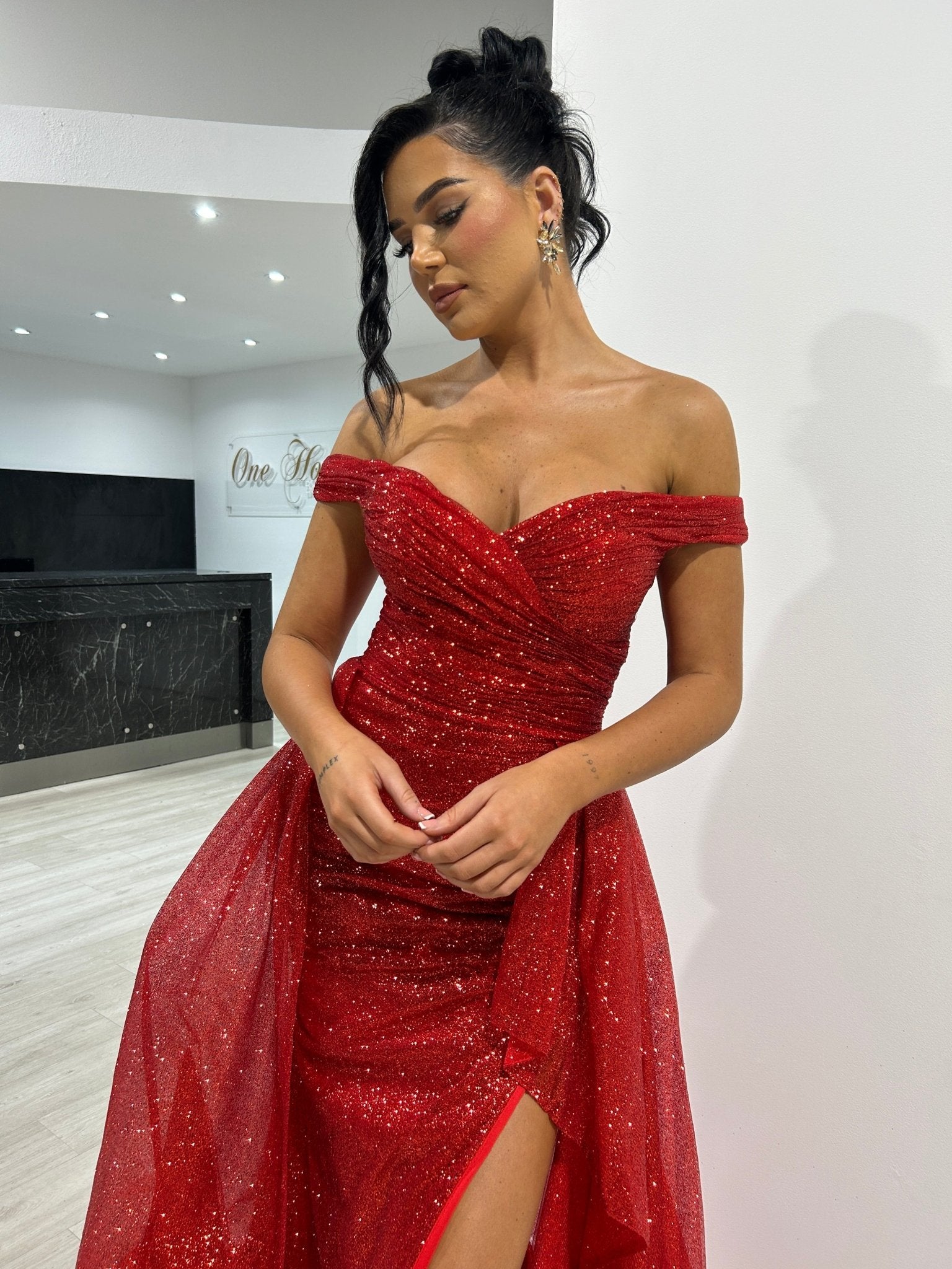 BEBE Glitter Off The Shoulder Overskirt Formal Dress in Australia | One Honey Boutique