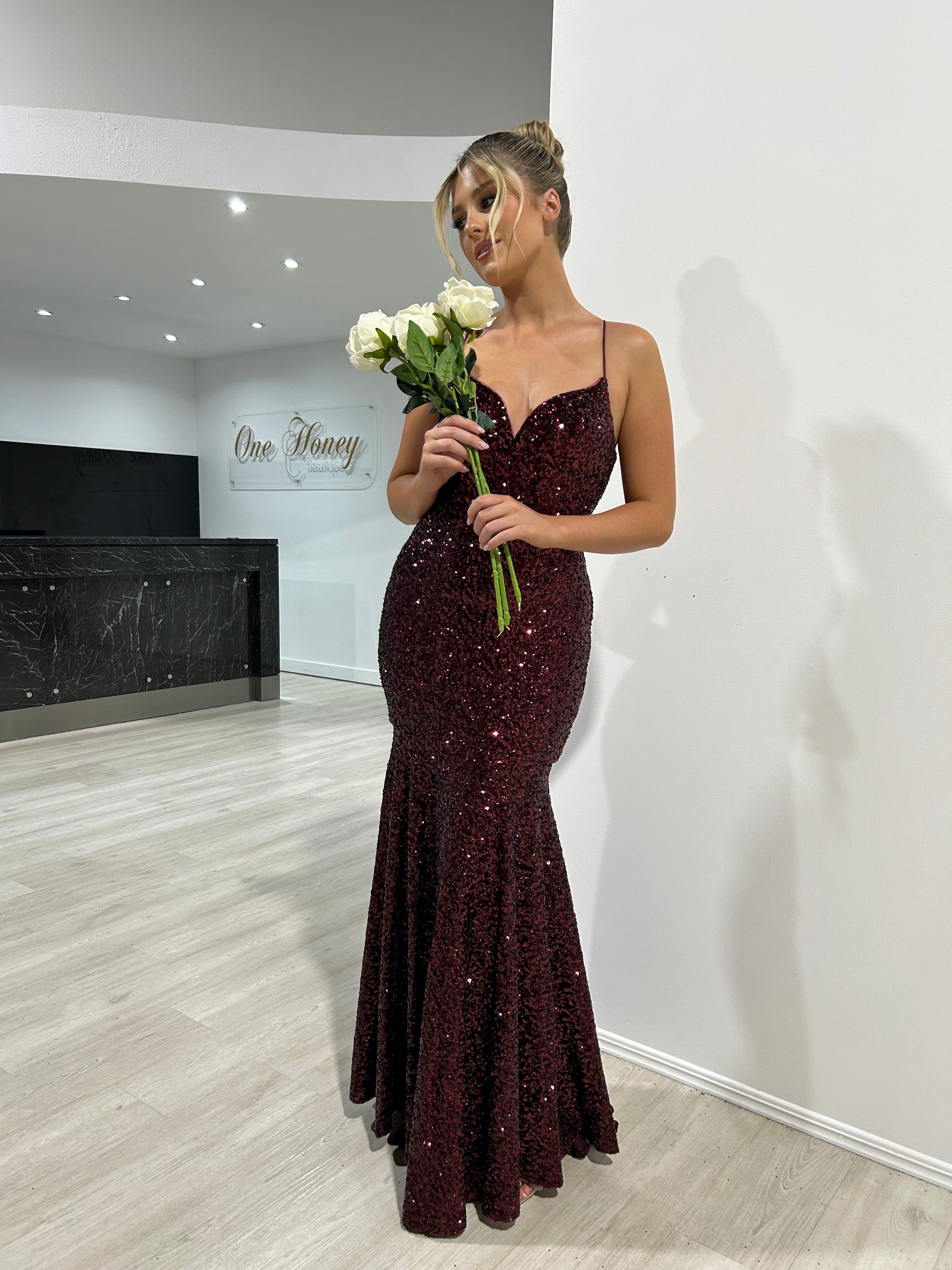 Honey Couture NORMA Burgundy Sequin Mermaid Formal Dress
