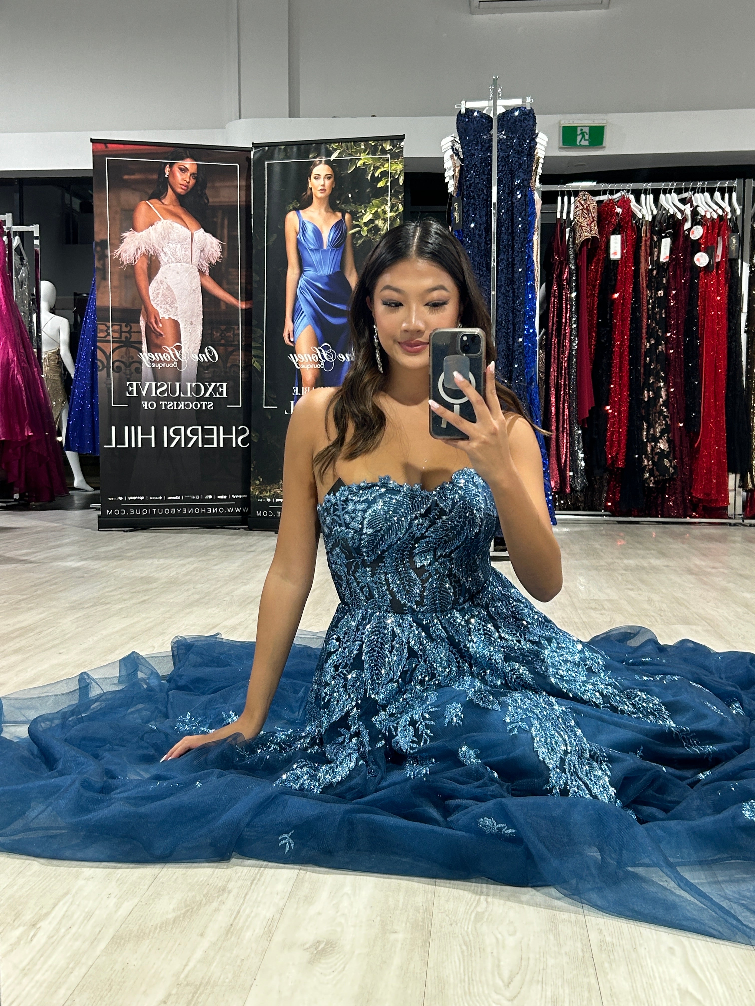 MERCER Strapless Glitter Ball Gown Formal Dress