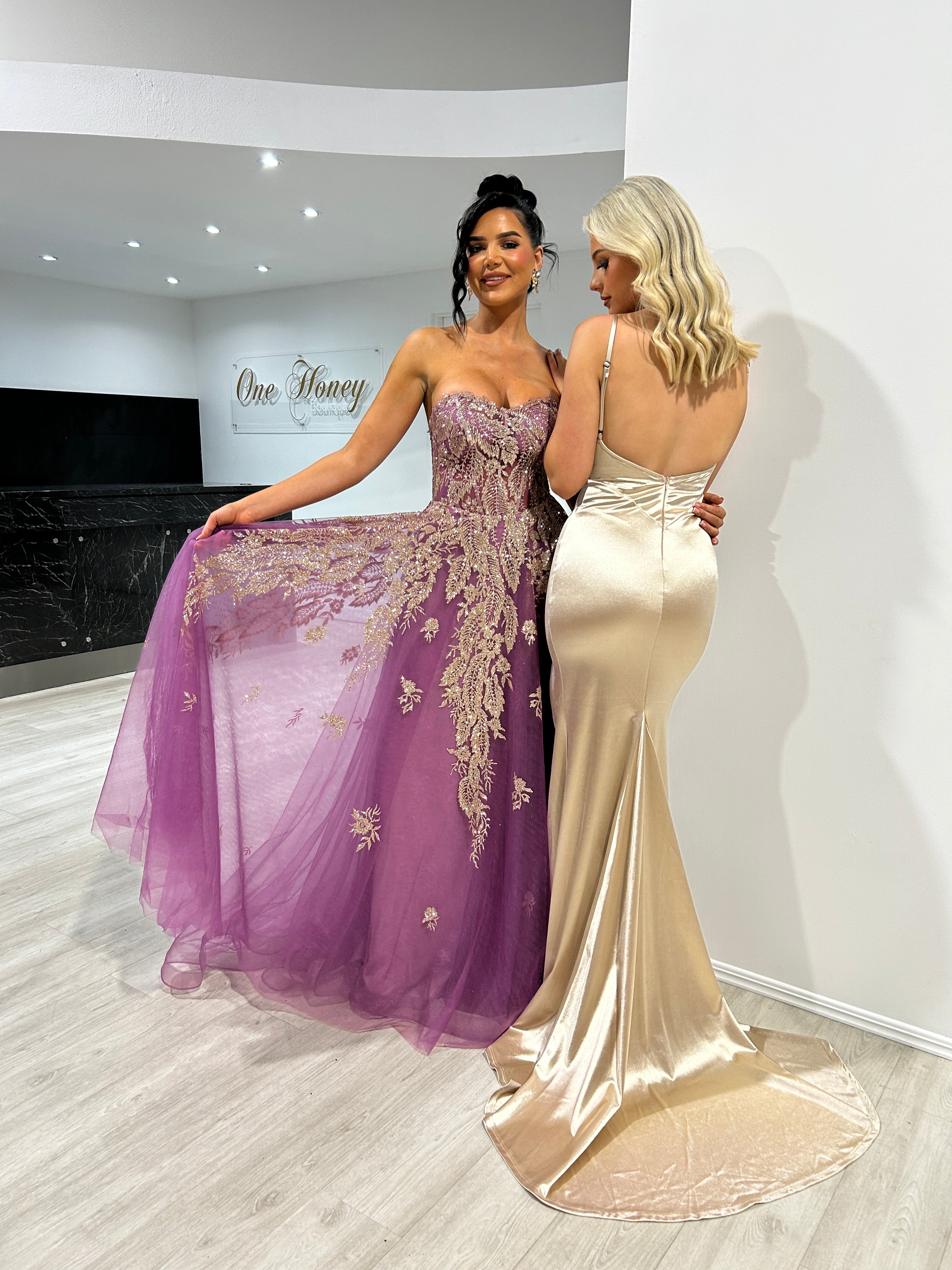 MERCER Strapless Glitter Ball Gown Formal Dress