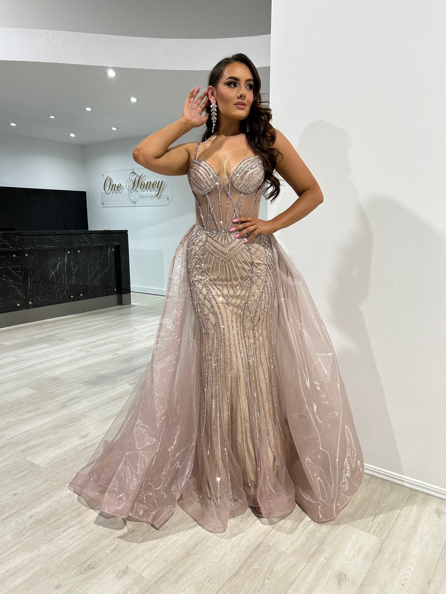 RESTORA Couture Beaded Diamante Overskirt Formal Prom Evening Dress in Australia | One Honey Boutique