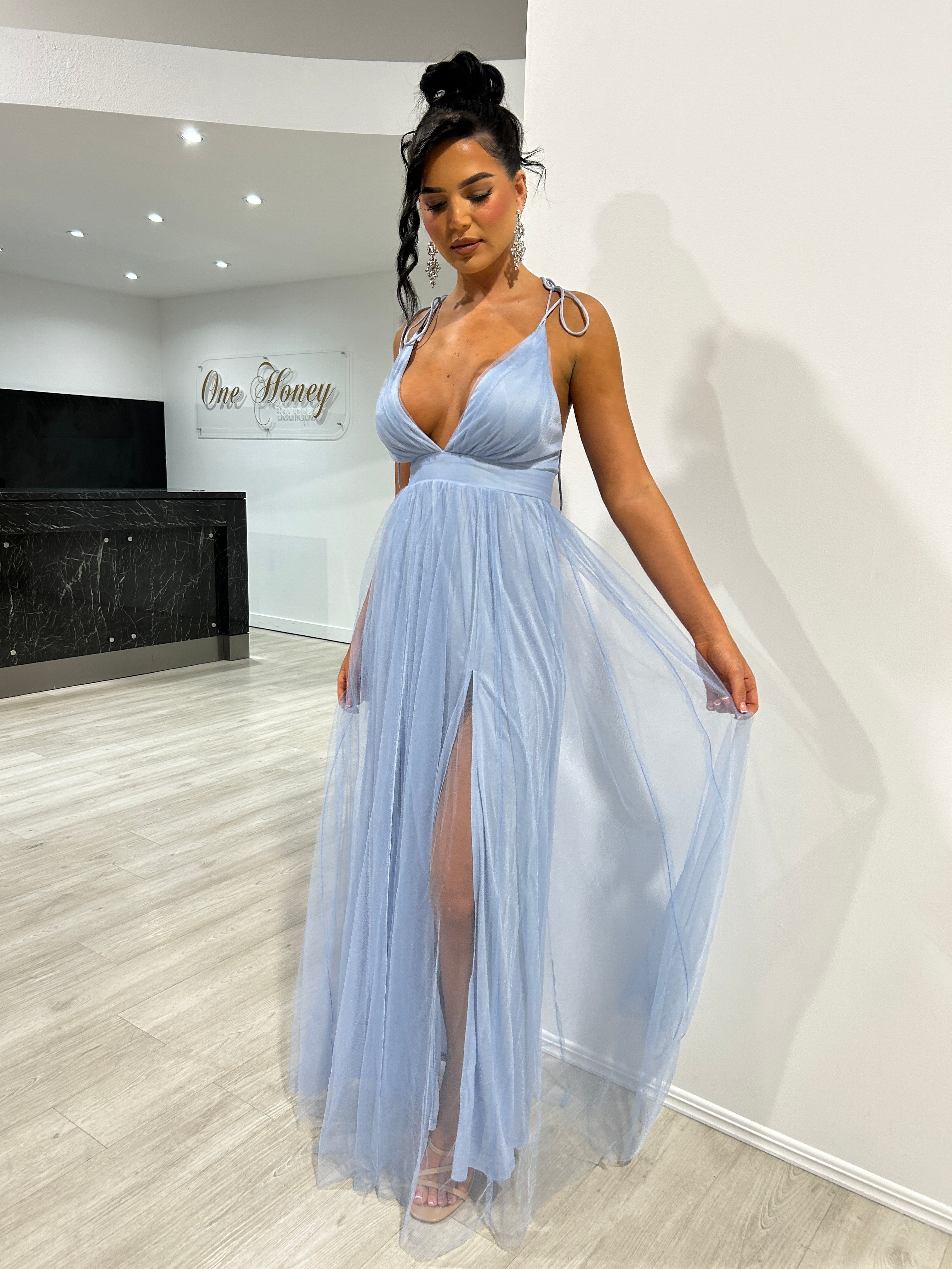 Honey Couture BEAU Paris Blue Tulle A-Line Formal Dress