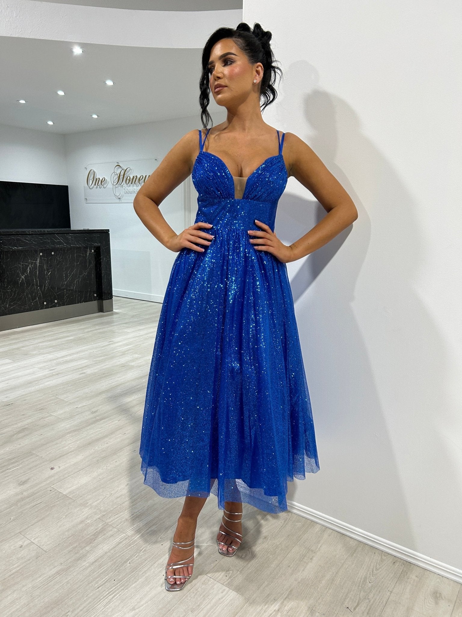 CAM Glitter Tea Length Ball Gown Corset Midi Dress in Australia | One Honey Boutique