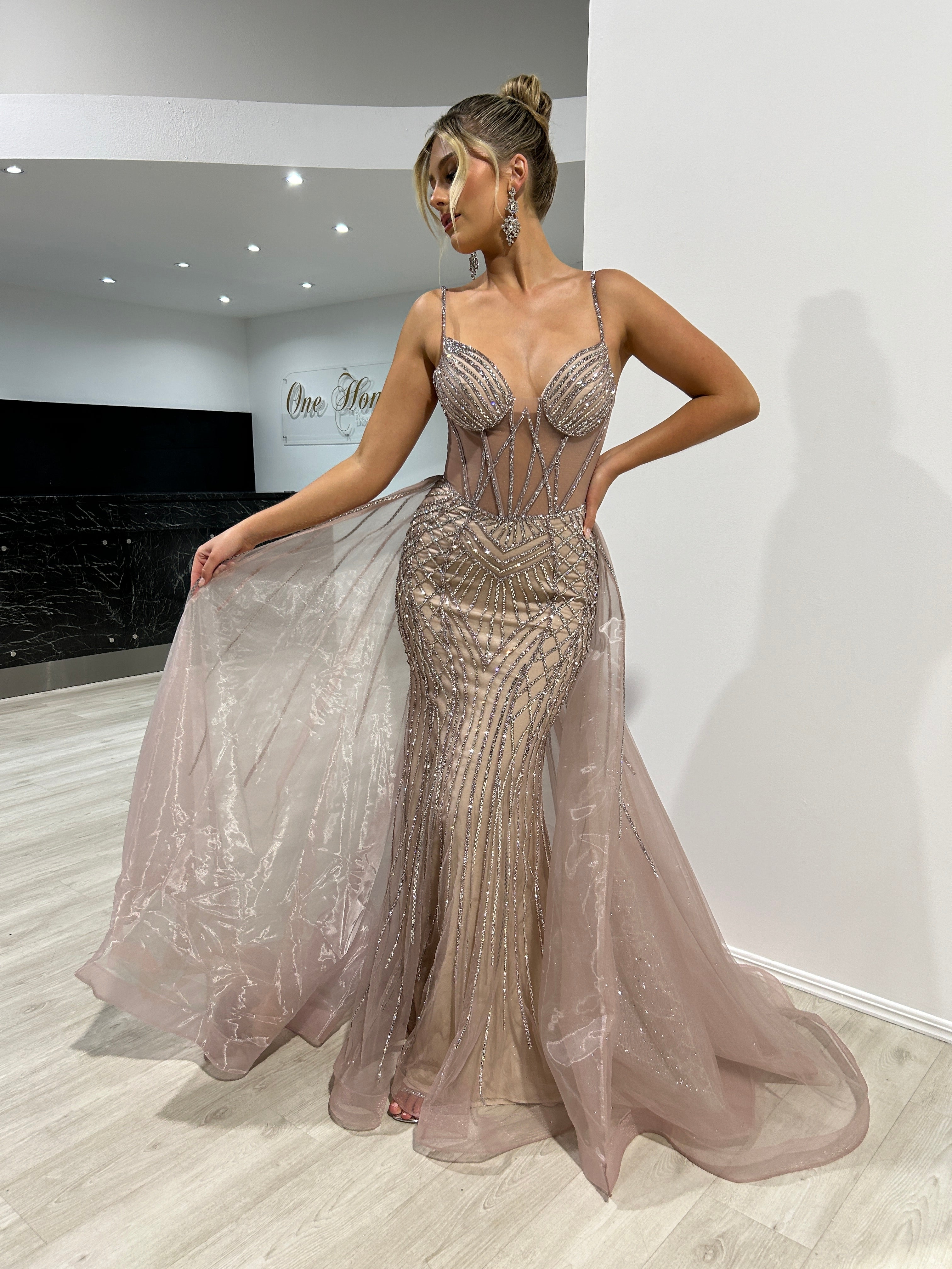 Honey Couture RESTORA Rose Champagne Beaded Overskirt Formal Dress