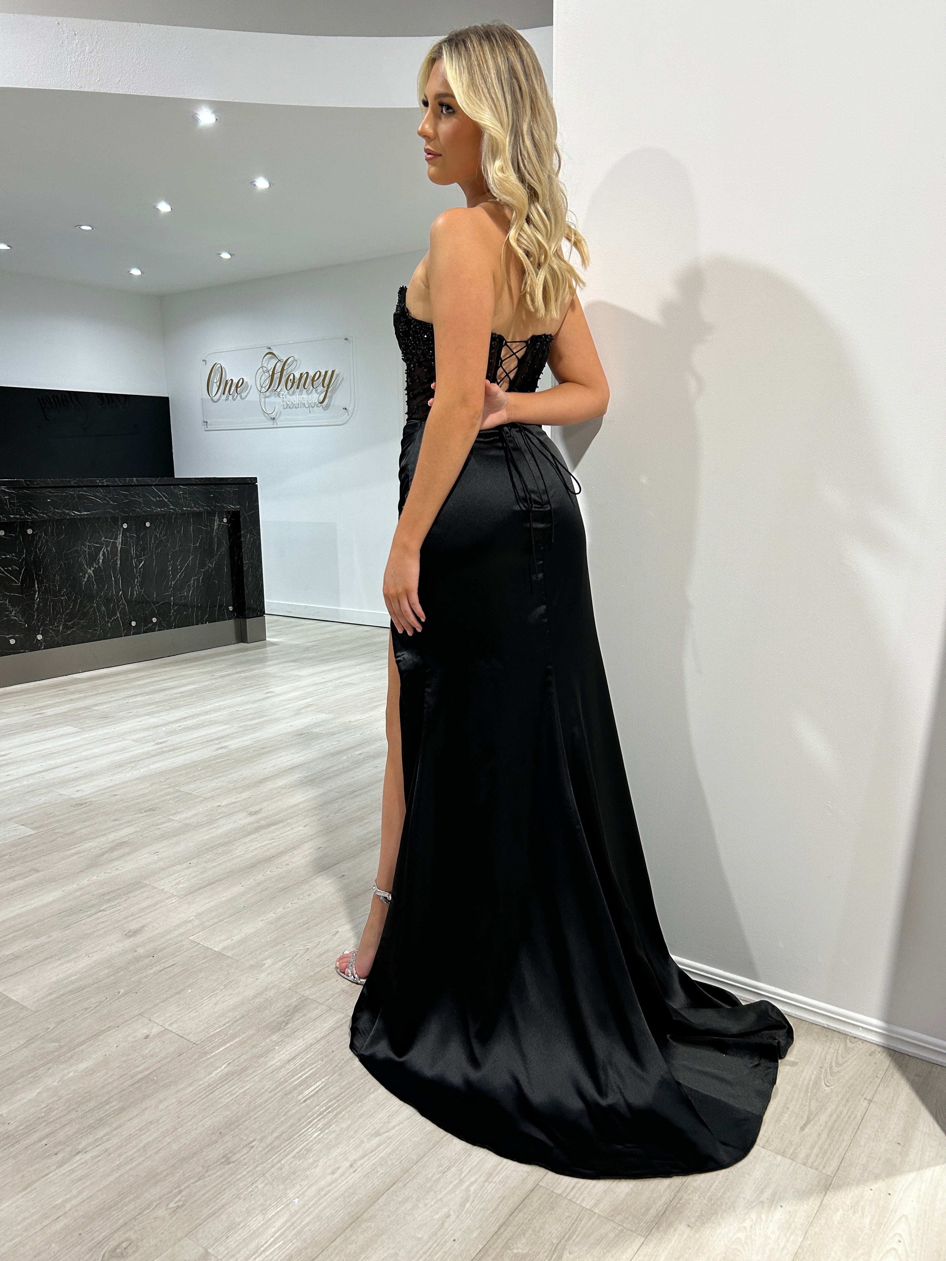 Honey Couture ALIX Black Strapless Satin Diamanté Detail Corset Bustier Formal Dress