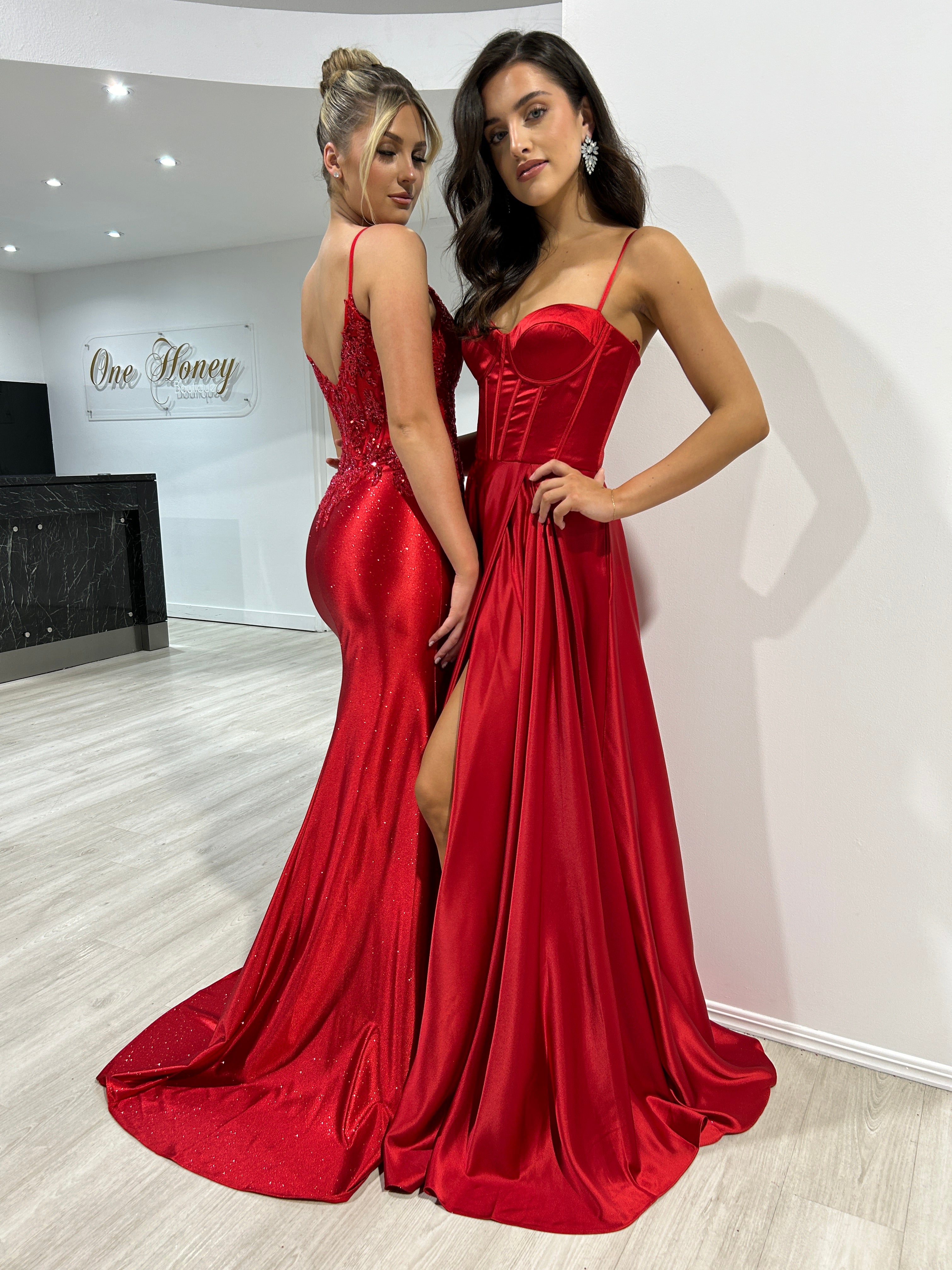 Honey Couture OLYMIA Red Embellished Stretch Glitter Satin Mermaid Formal Dress