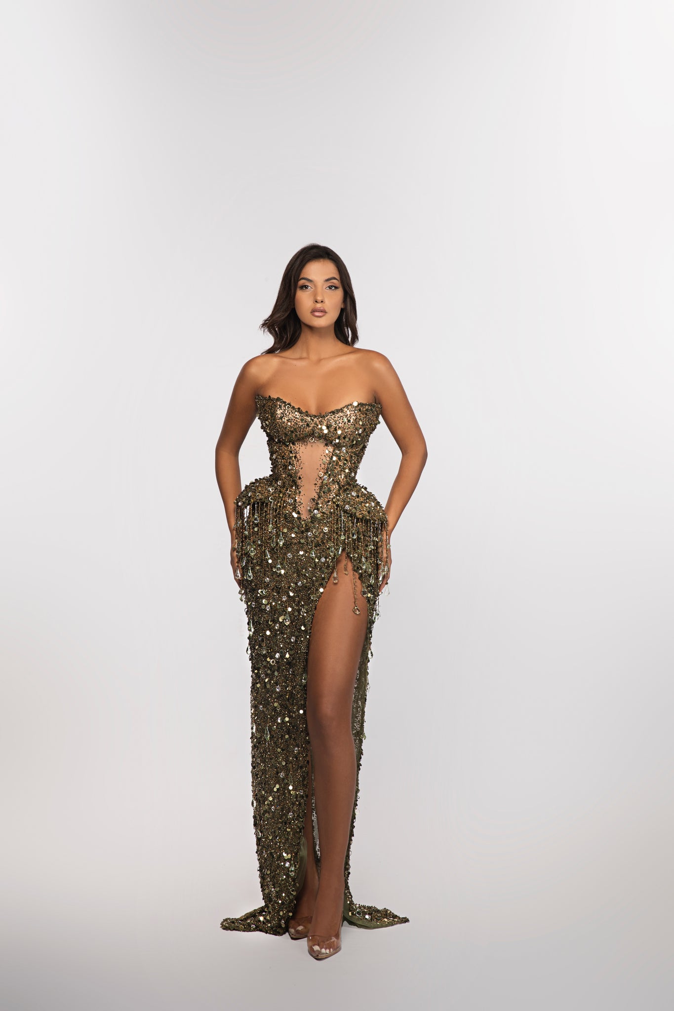 MINNA Fashion VIVIAN Olive Strapless Crystal Leg Split Mermaid Formal Dress
