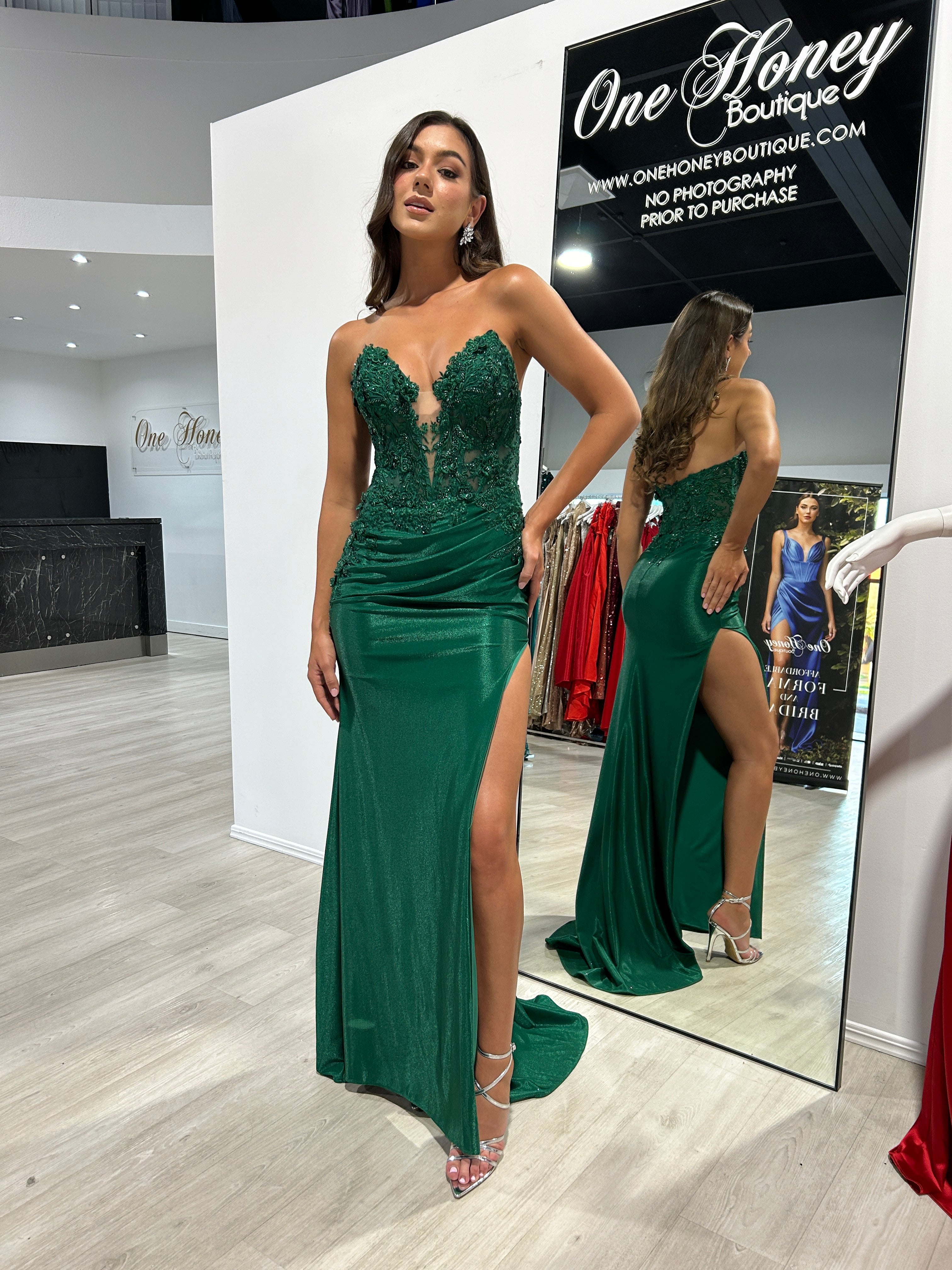 Honey Couture BRIDGETTE Emerald Strapless Satin Appliqué Mermaid Formal Dress