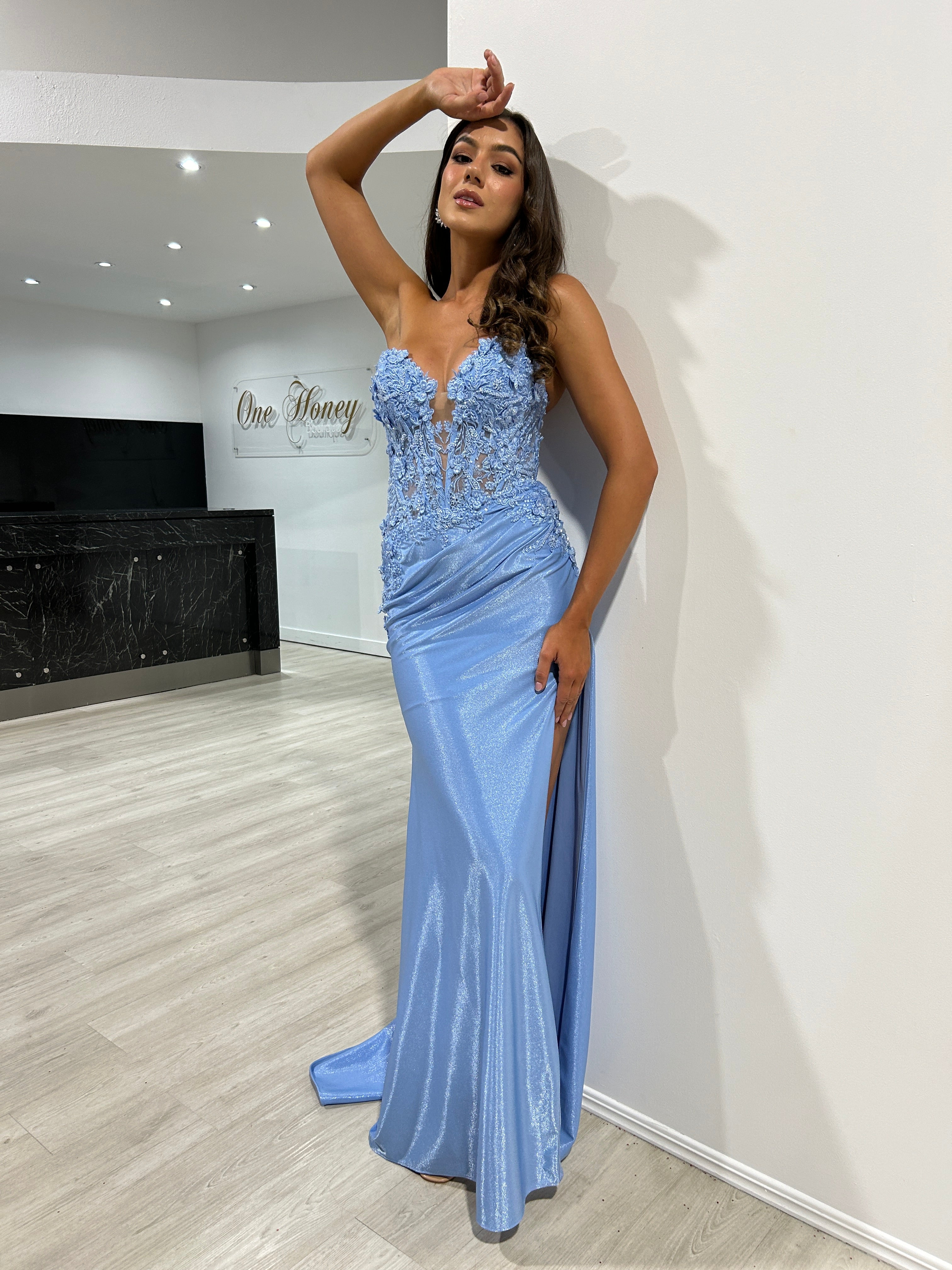 Honey Couture BRIDGETTE Blue Strapless Satin Appliqué Mermaid Formal Dress