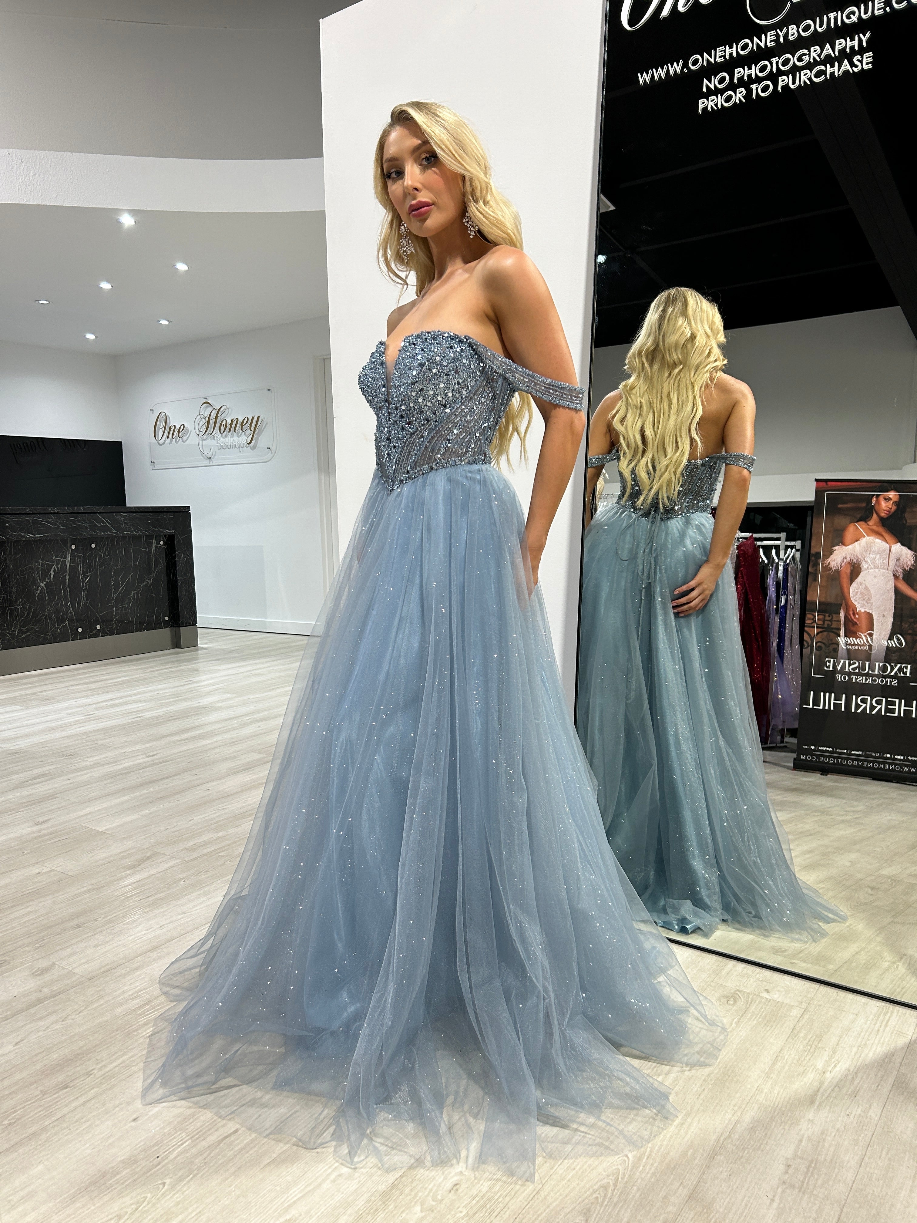 Honey Couture LEIA Smokey Blue Strapless Bustier Tulle A-Line Formal Dress