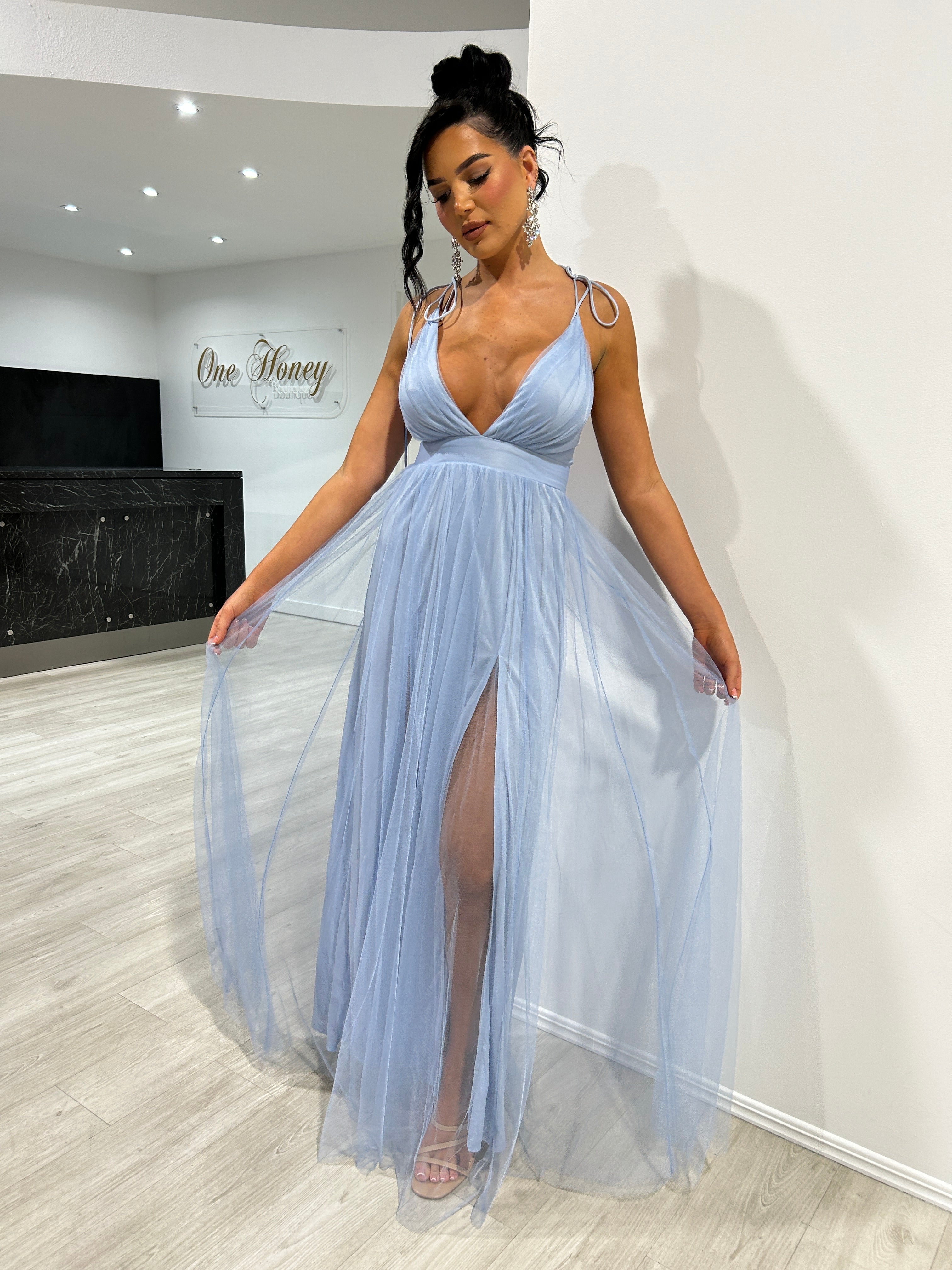 Honey Couture BEAU Paris Blue Tulle A-Line Formal Dress