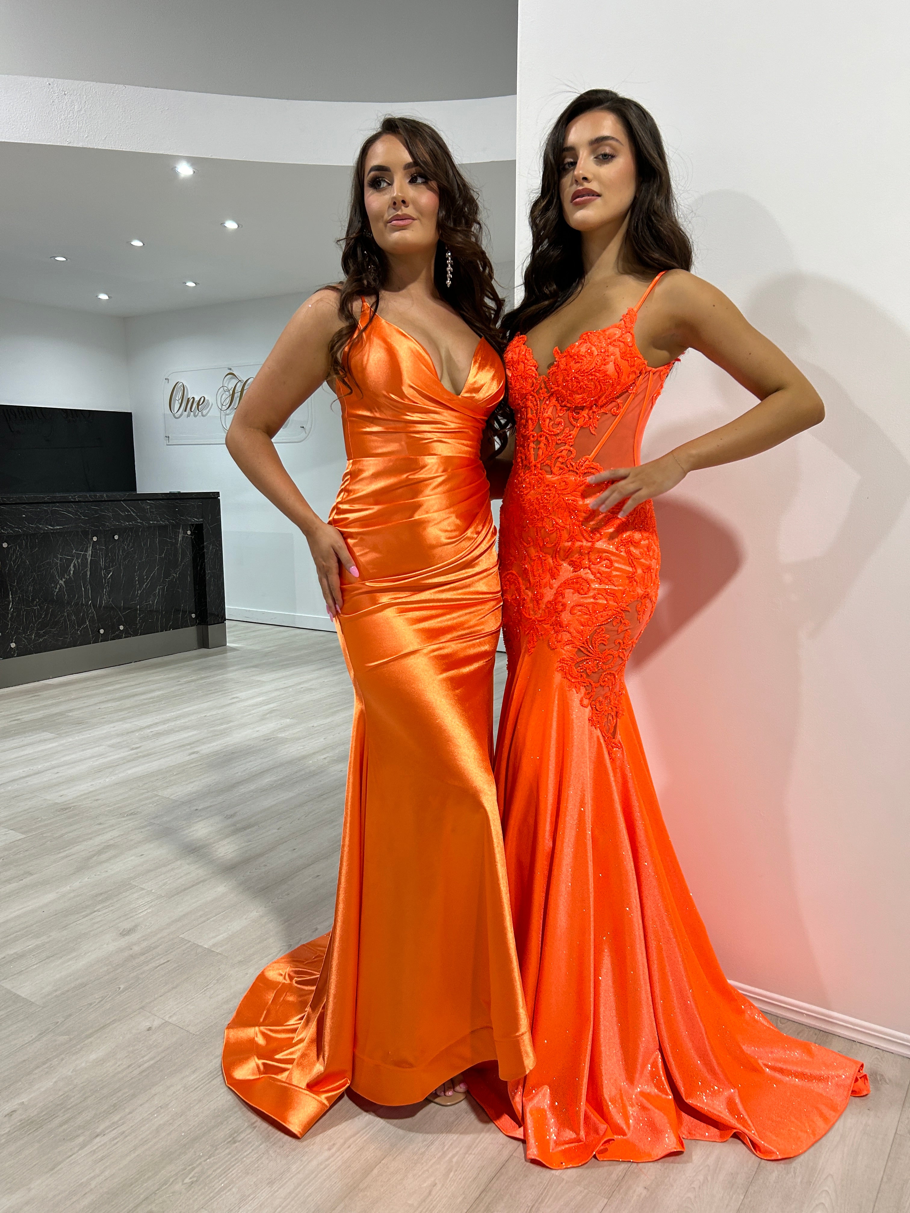 Honey Couture JEAN Neon Orange Lace and Glitter Fishtail Mermaid Formal Dress