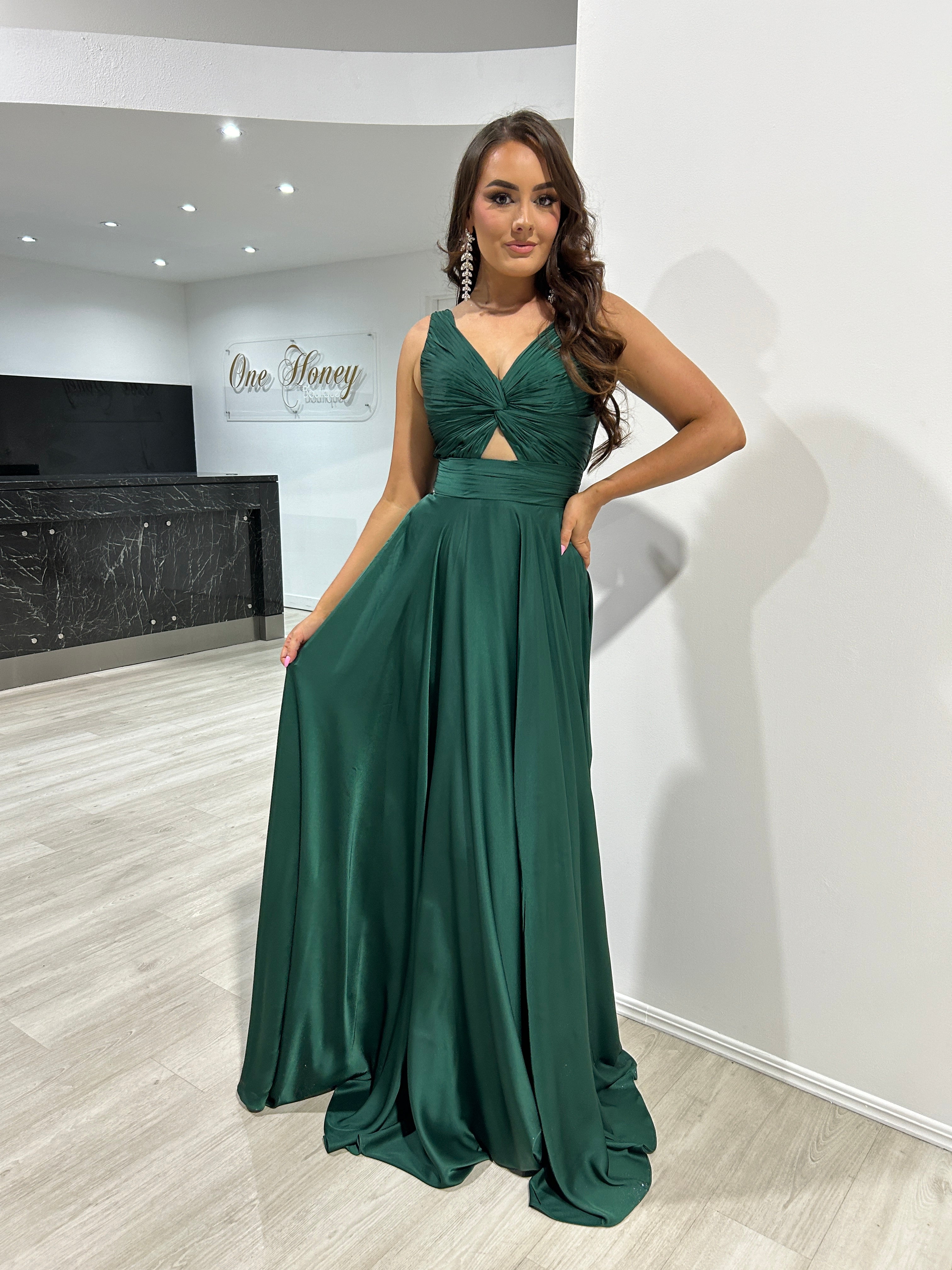 Honey Couture WILLOWMENA Emerald Green Keyhole Silky A Line Bridesmaid Formal Dress