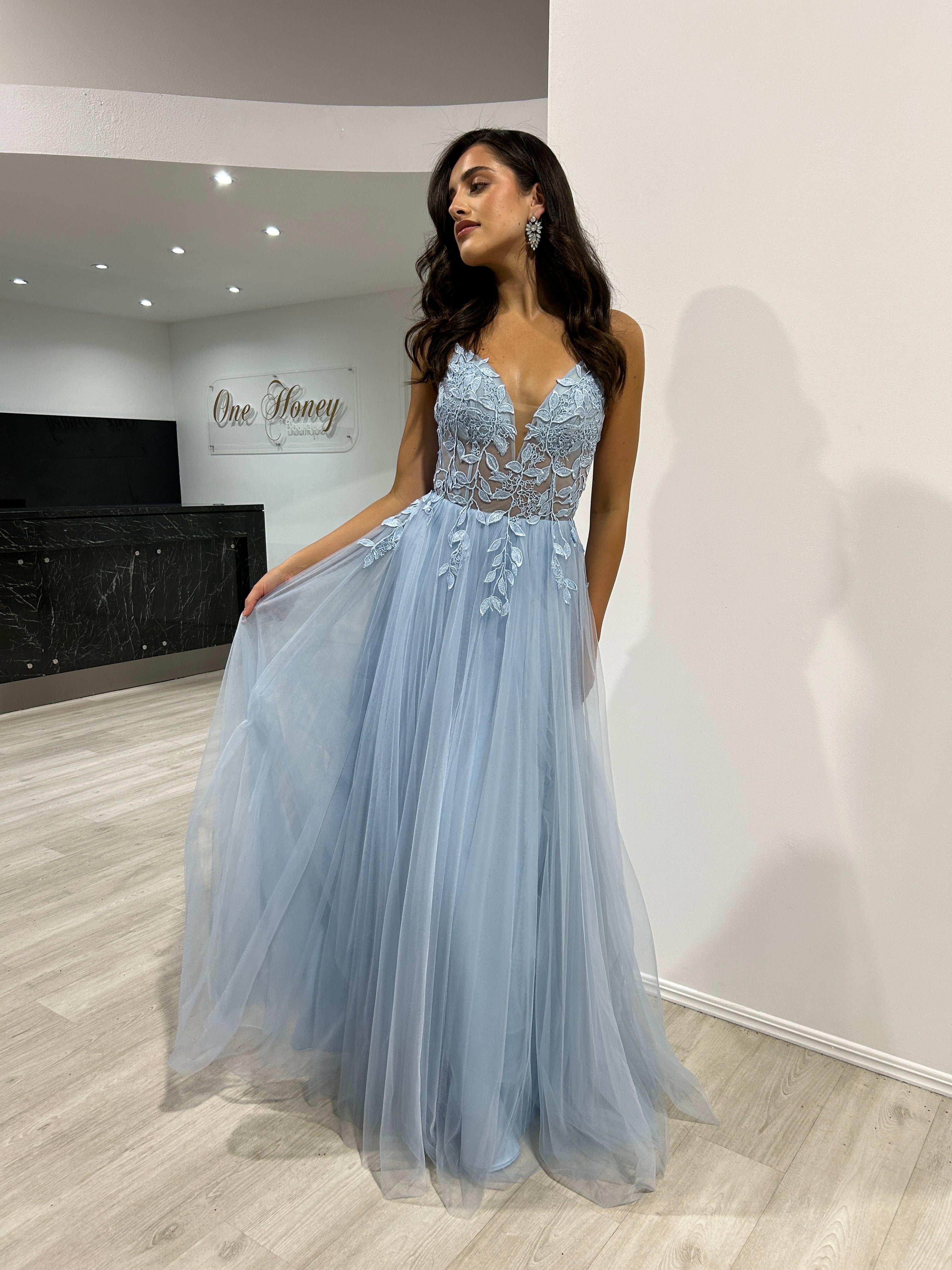 Honey Couture JARRISSA Blue Tulle A Line Formal Dress