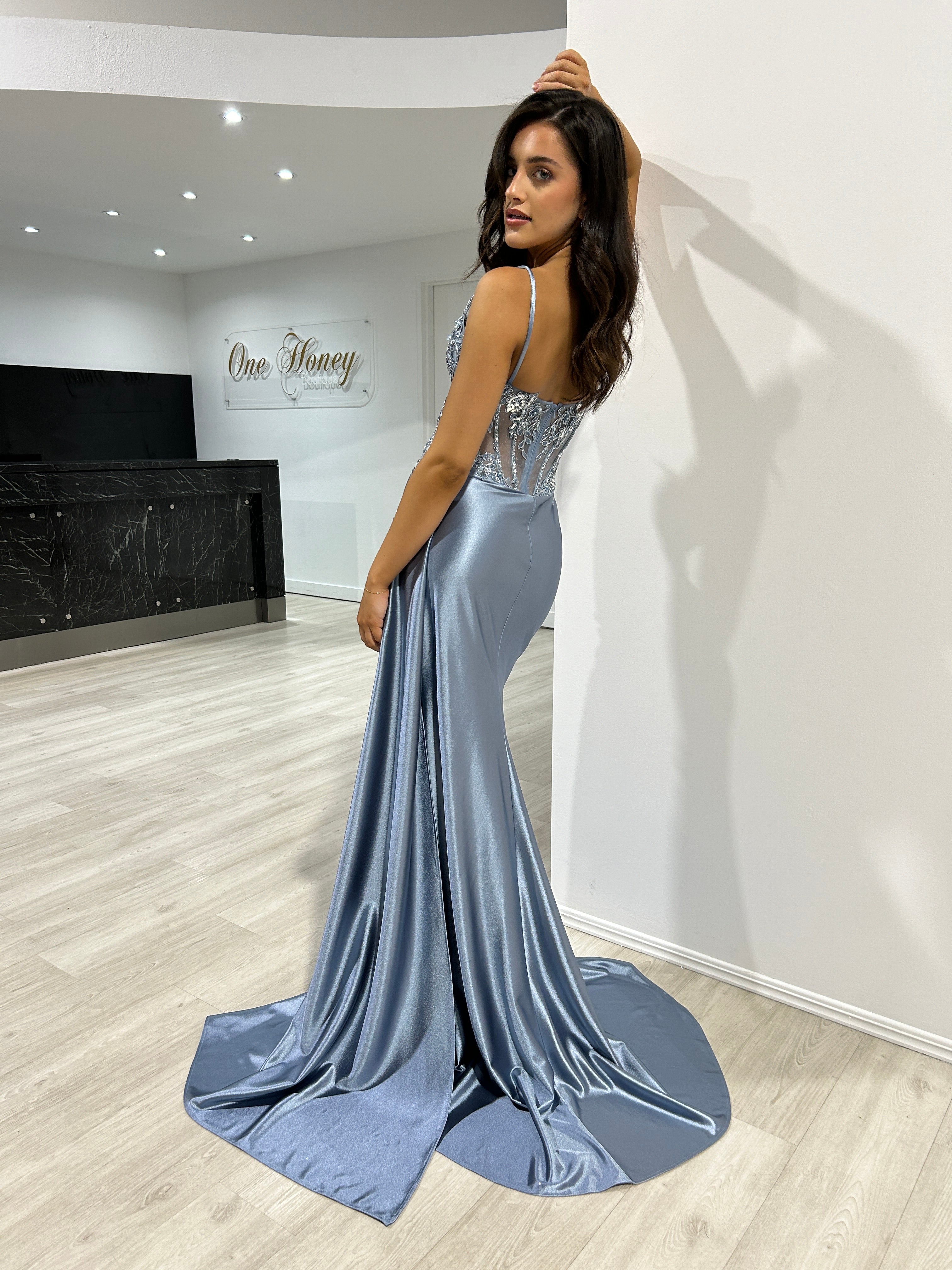 Honey Couture STERLING Dusty Blue Embellished Corset Satin Mermaid Formal Dress