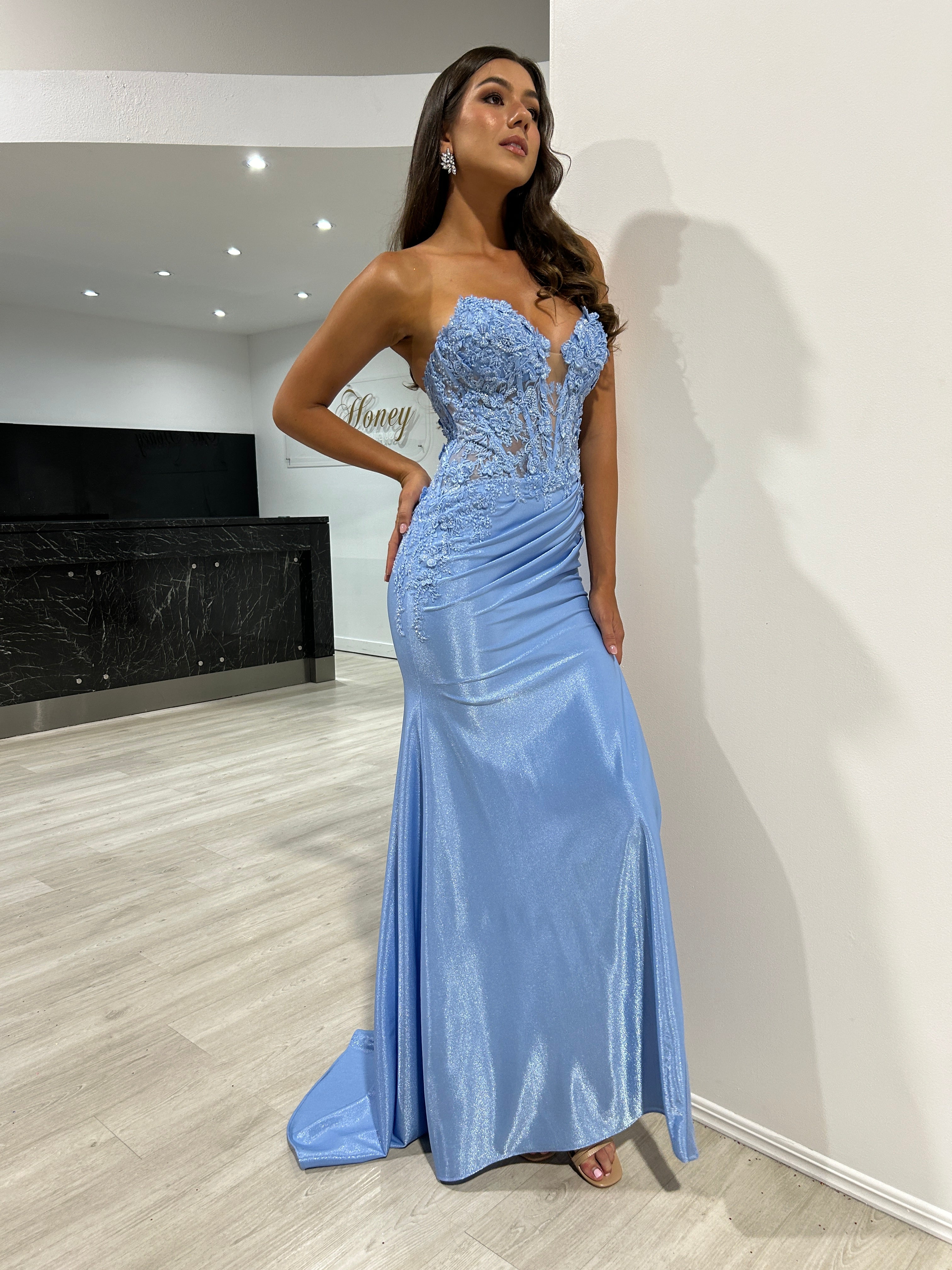 Honey Couture BRIDGETTE Blue Strapless Satin Appliqué Mermaid Formal Dress