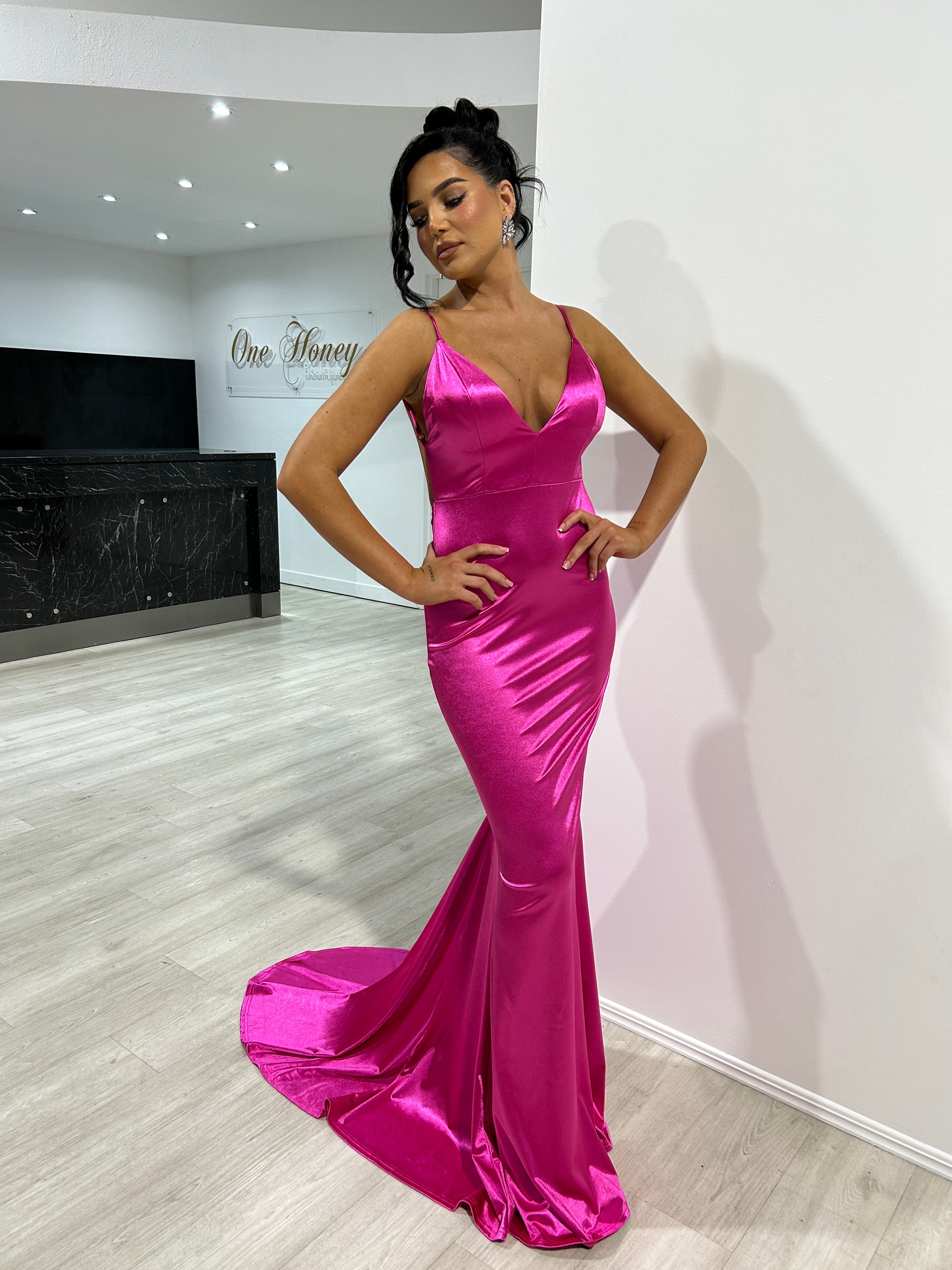 Honey Couture Kylie Fuchsia Low Back Bum Ruched Mermaid Evening Gown Dress