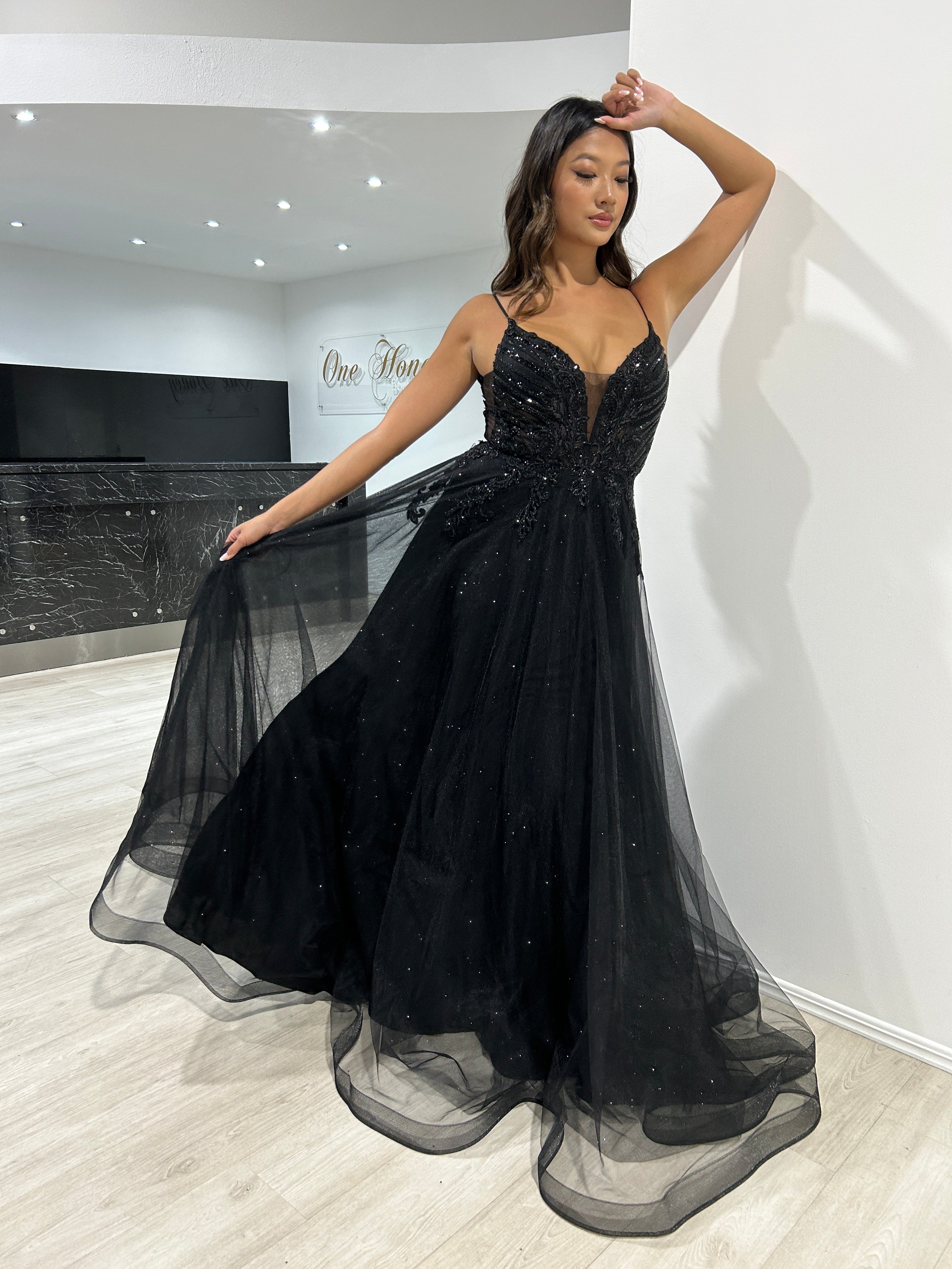 Honey Couture ADELA Black Tulle Diamante A Line Formal Dress