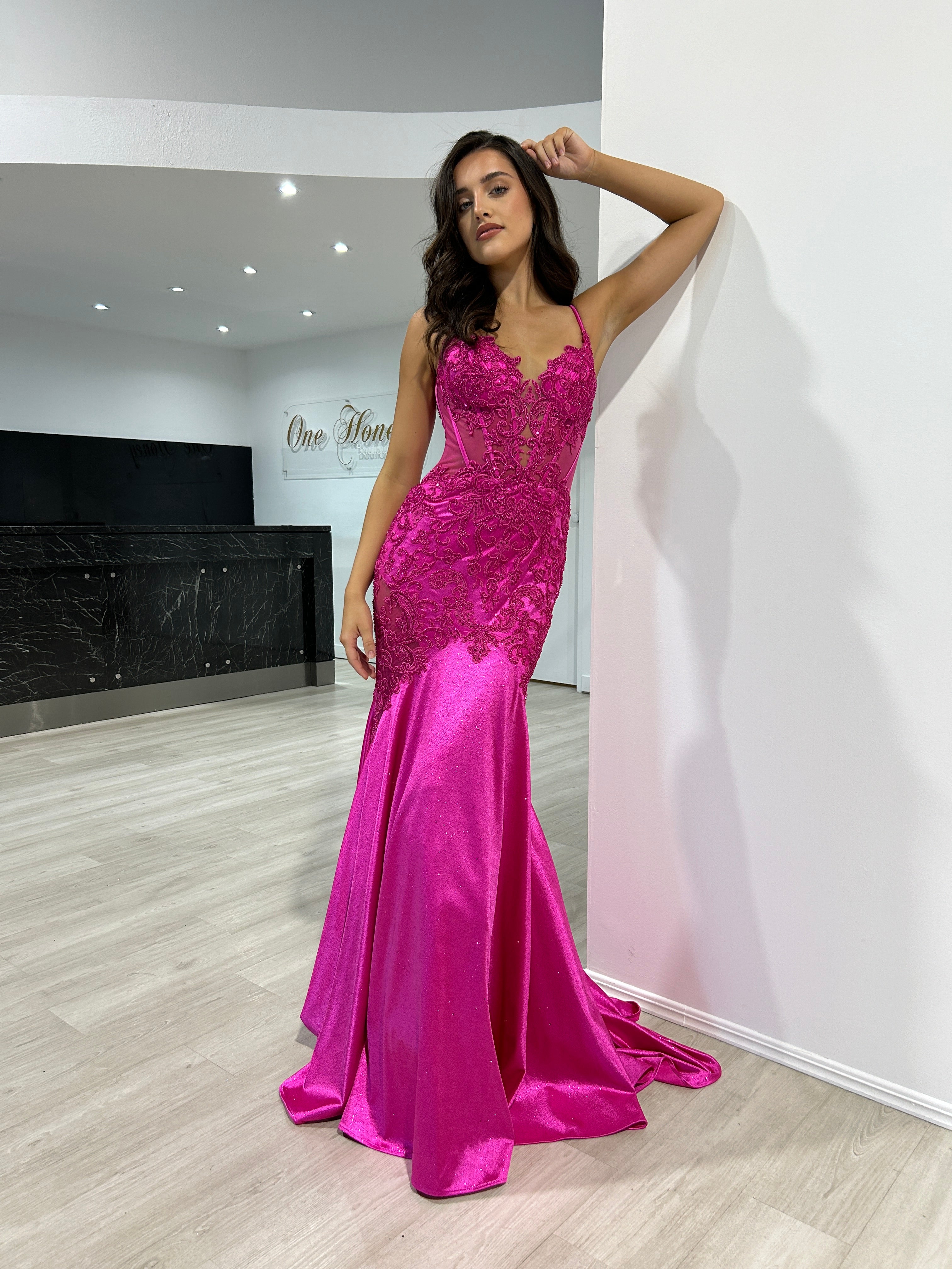 Honey Couture JEAN Fuchsia Lace and Glitter Fishtail Mermaid Formal Dress