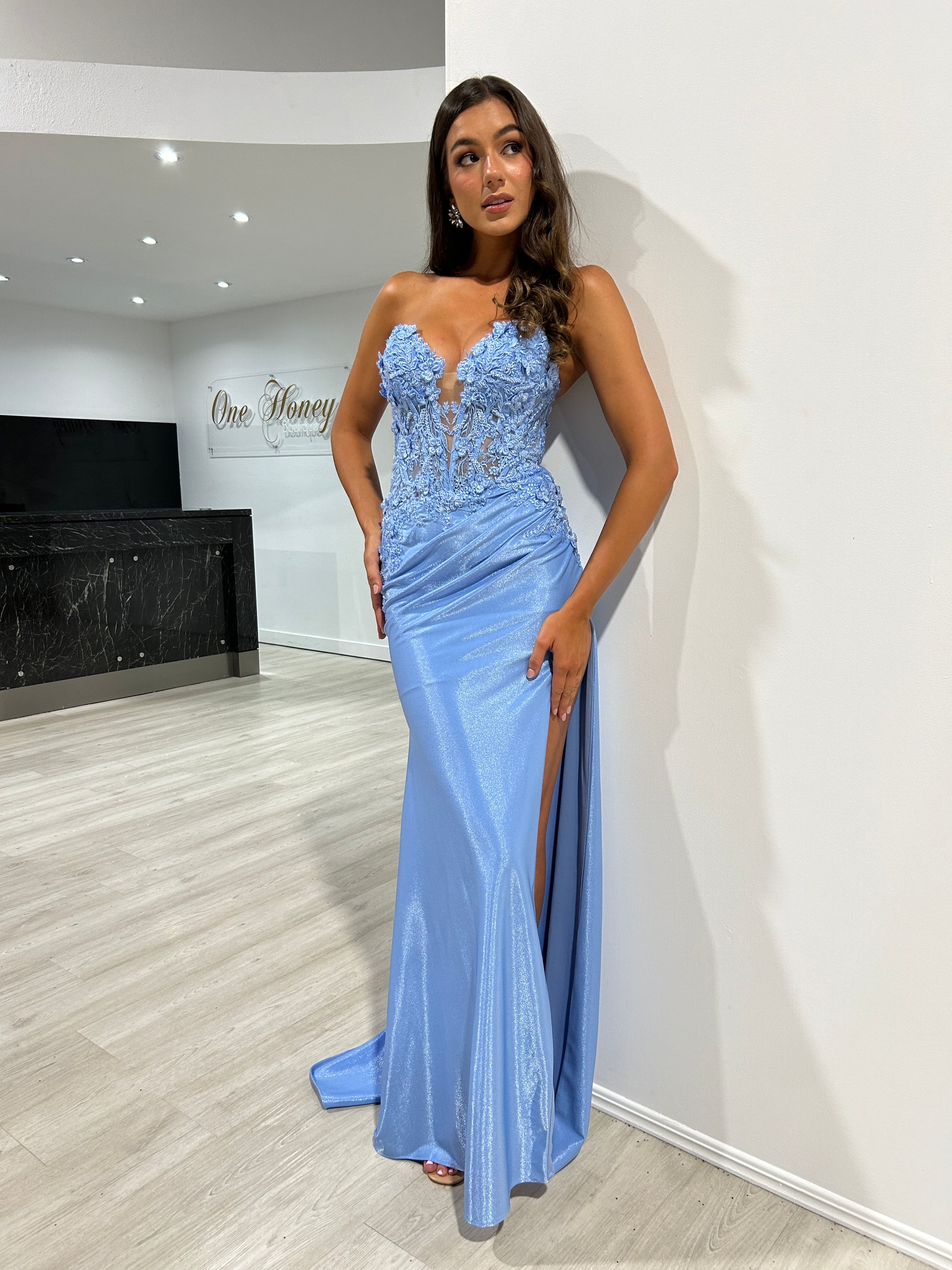 Honey Couture BRIDGETTE Blue Strapless Satin Appliqué Mermaid Formal D