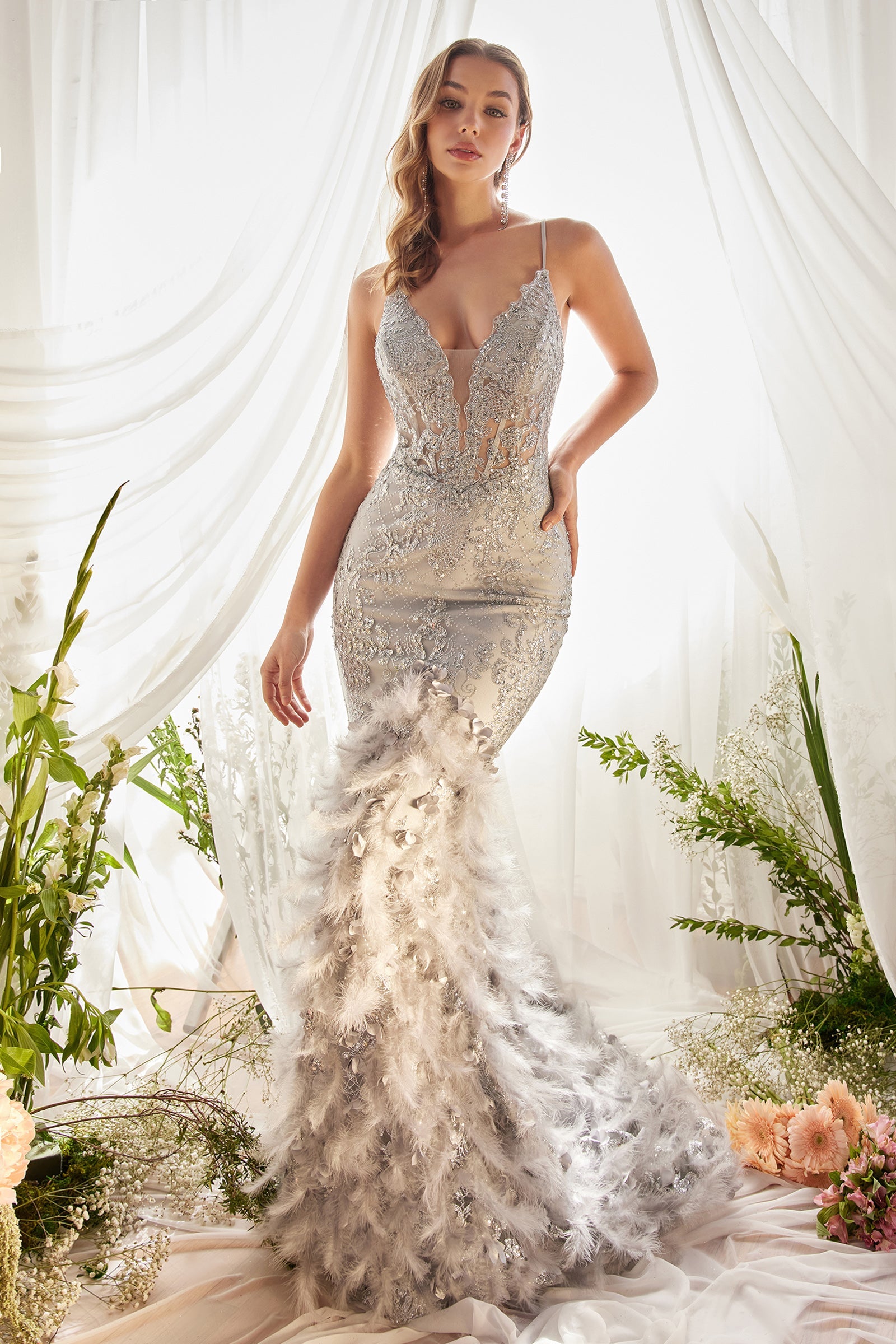 ELLIANA Trumpet Mermaid Feather Feature Prom & Formal Evening Dress