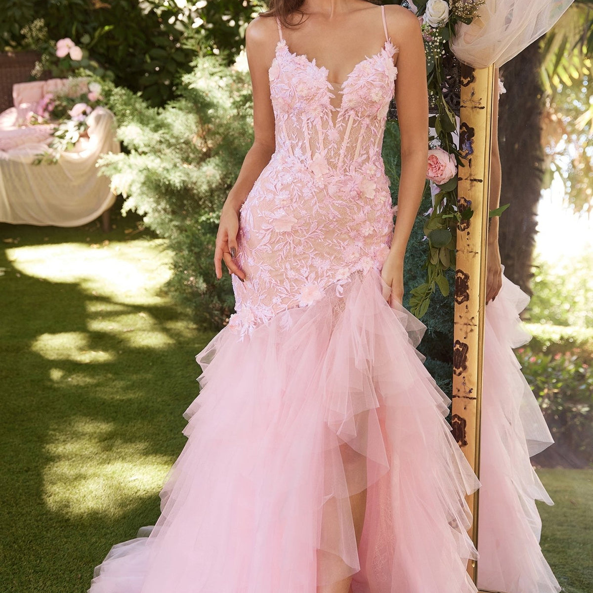 LEXLEY Baby Pink Romantic Floral Applique Tulle Mermaid Prom Formal Gown