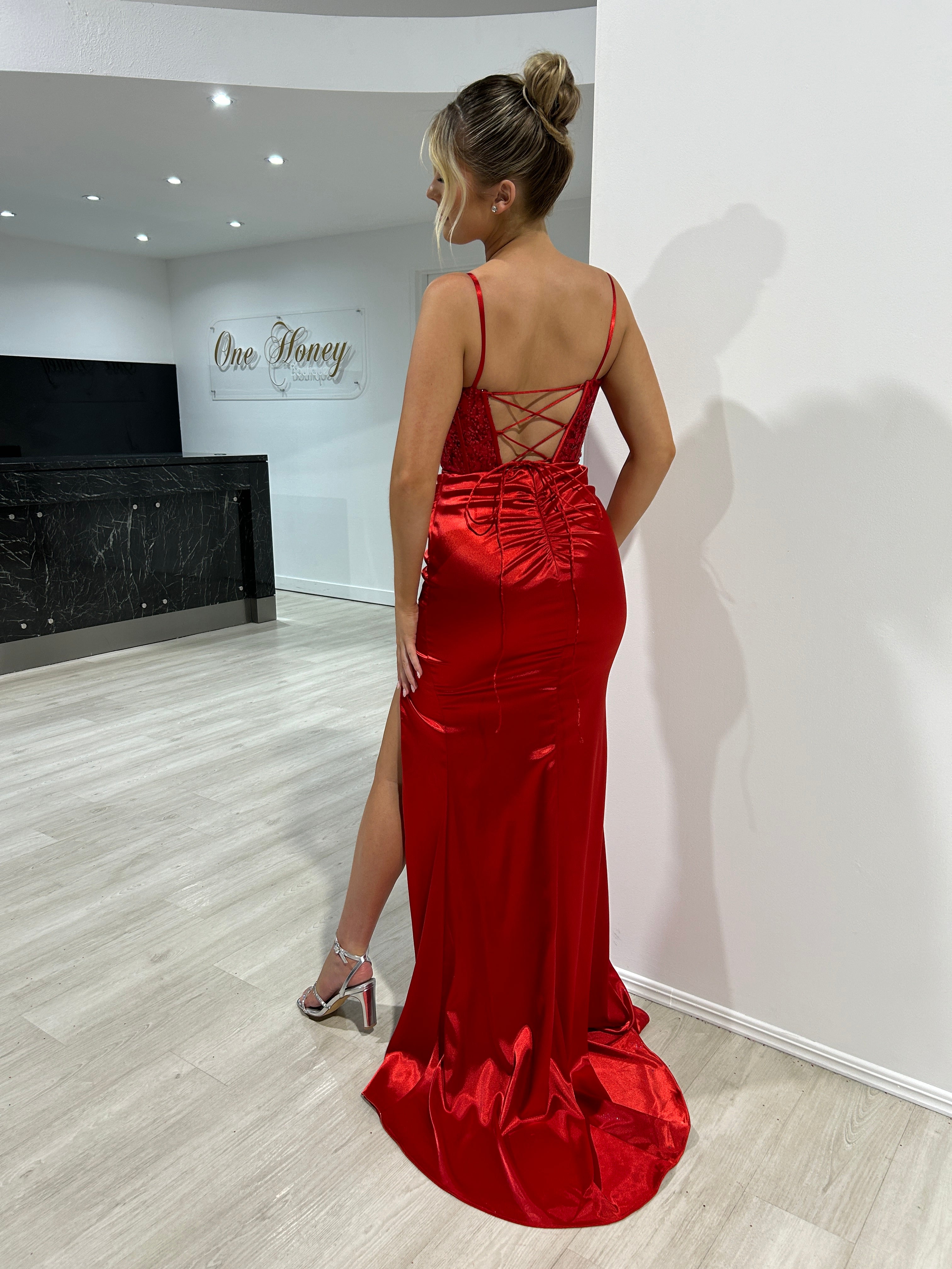 Honey Couture JAZLIN Red Embellished Bustier Satin Mermaid Formal Dress