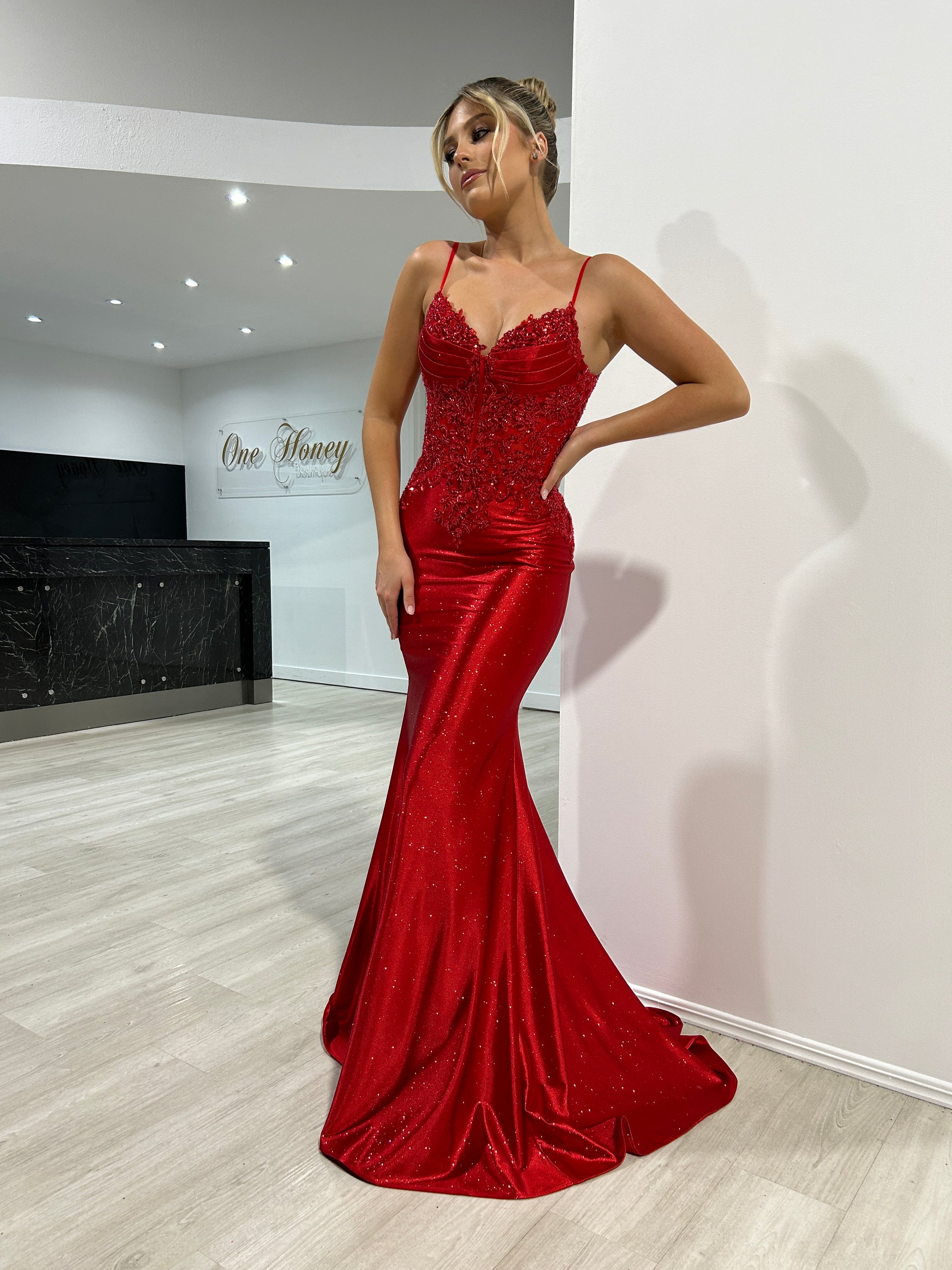 Honey Couture OLYMIA Red Embellished Stretch Glitter Satin Mermaid For