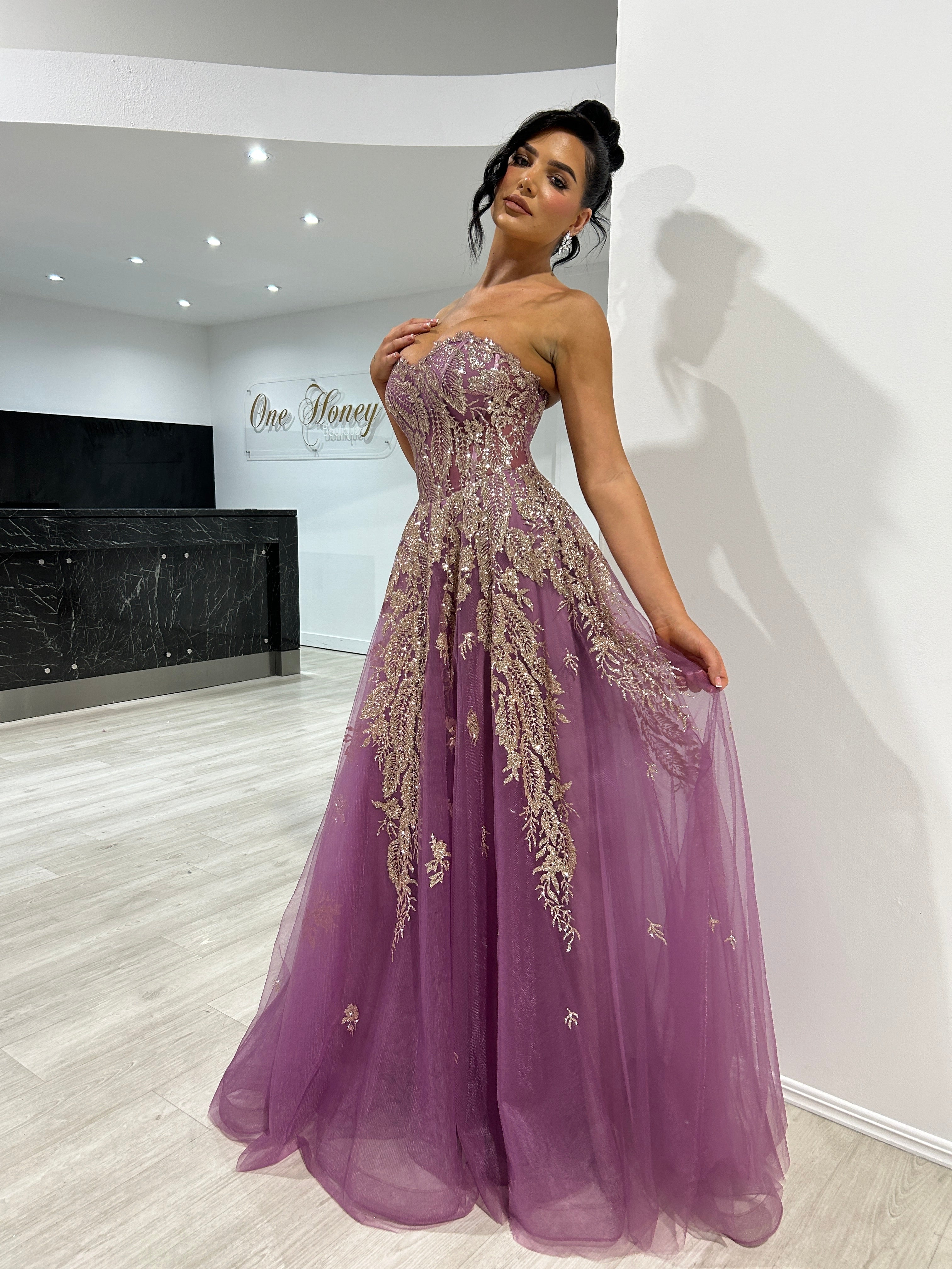 Honey Couture MERCER Gold Violet Strapless Glitter Ball Gown Formal Dress