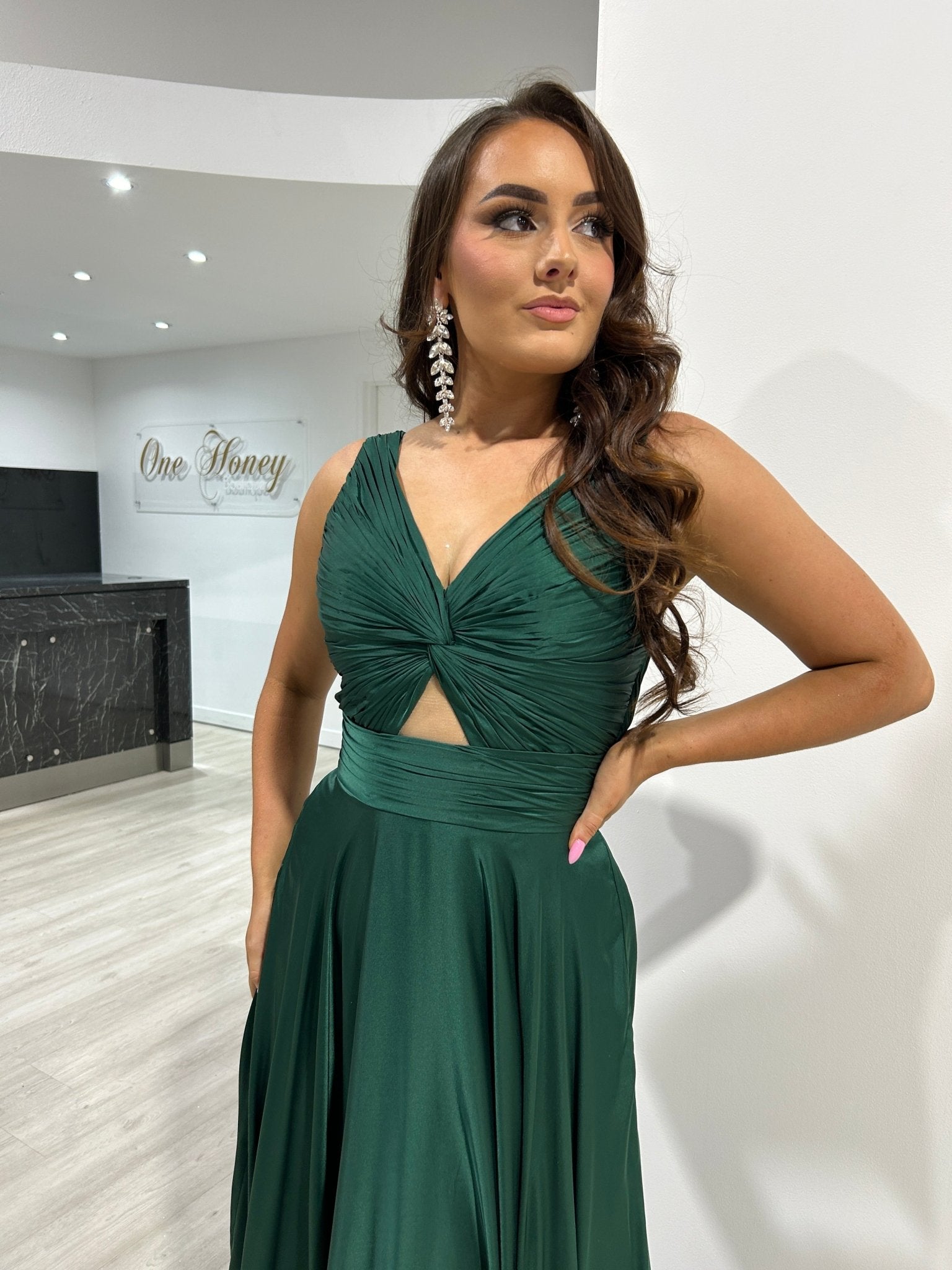 Honey Couture WILLOWMENA Emerald Green Keyhole Silky A Line Bridesmaid Formal Dress in Australia | One Honey Boutique