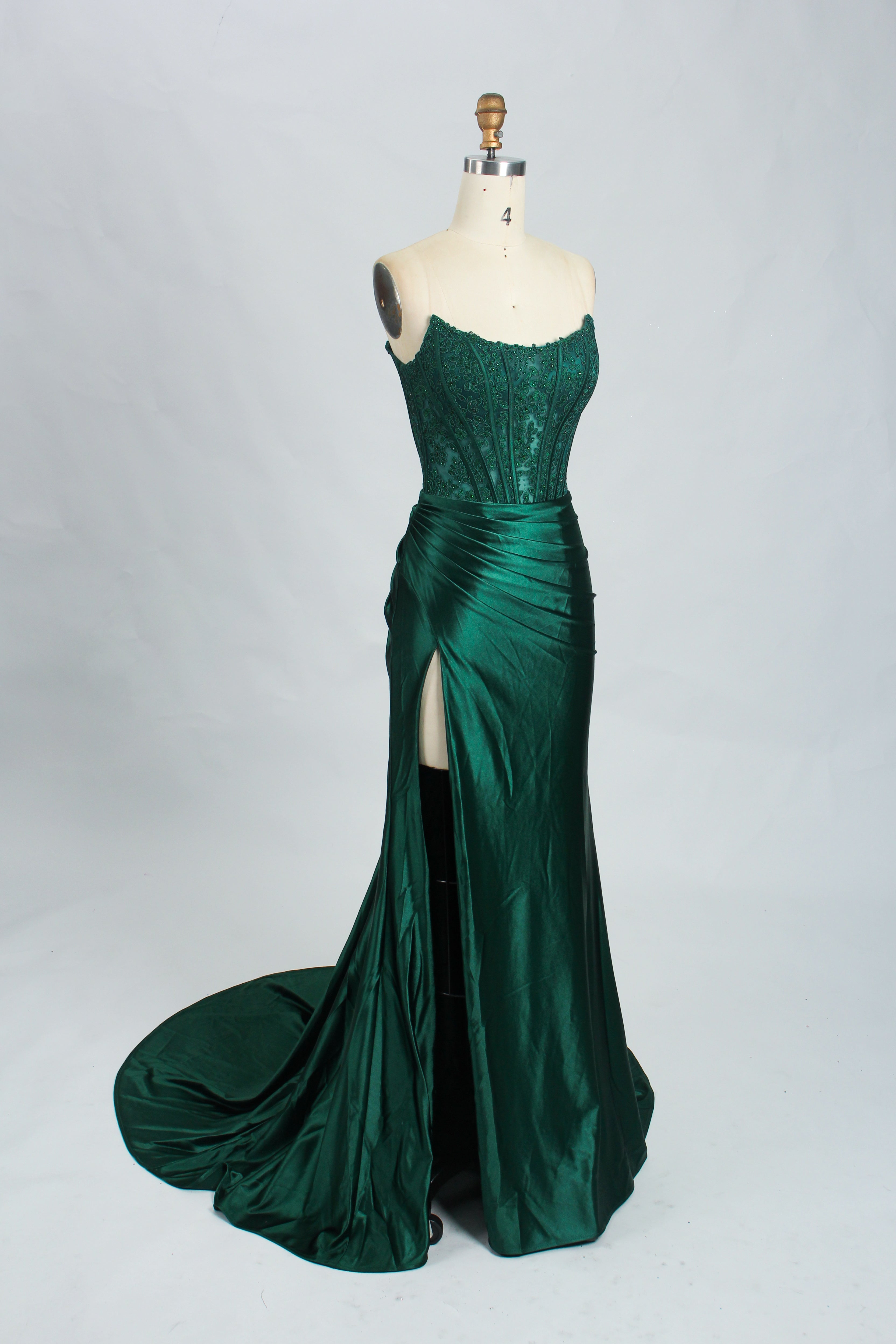 Honey Couture AUGUST Emerald Green Strapless Embellished Bustier Satin Mermaid Formal Dress