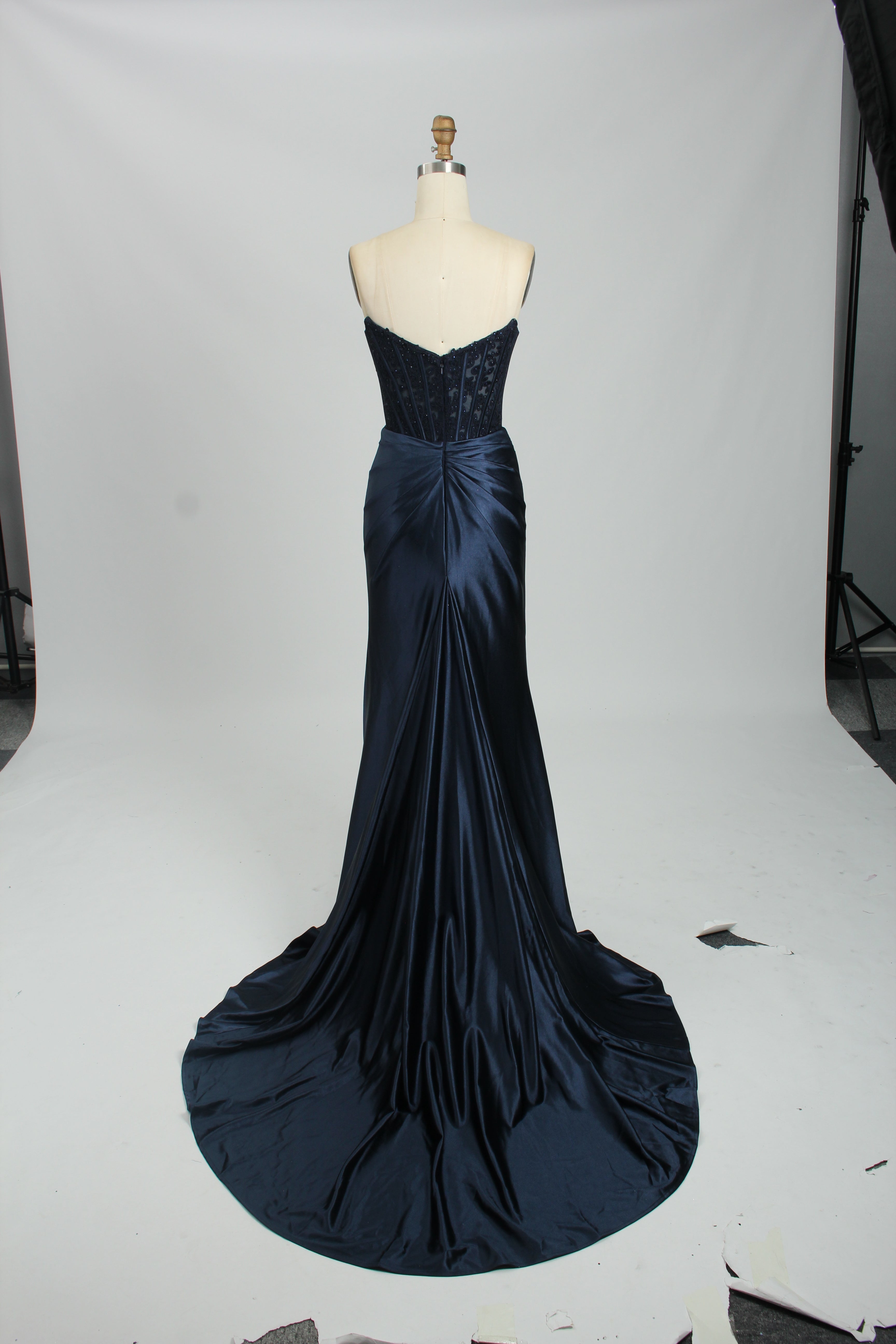 Honey Couture AUGUST Navy Blue Strapless Embellished Bustier Satin Mermaid Formal Dress