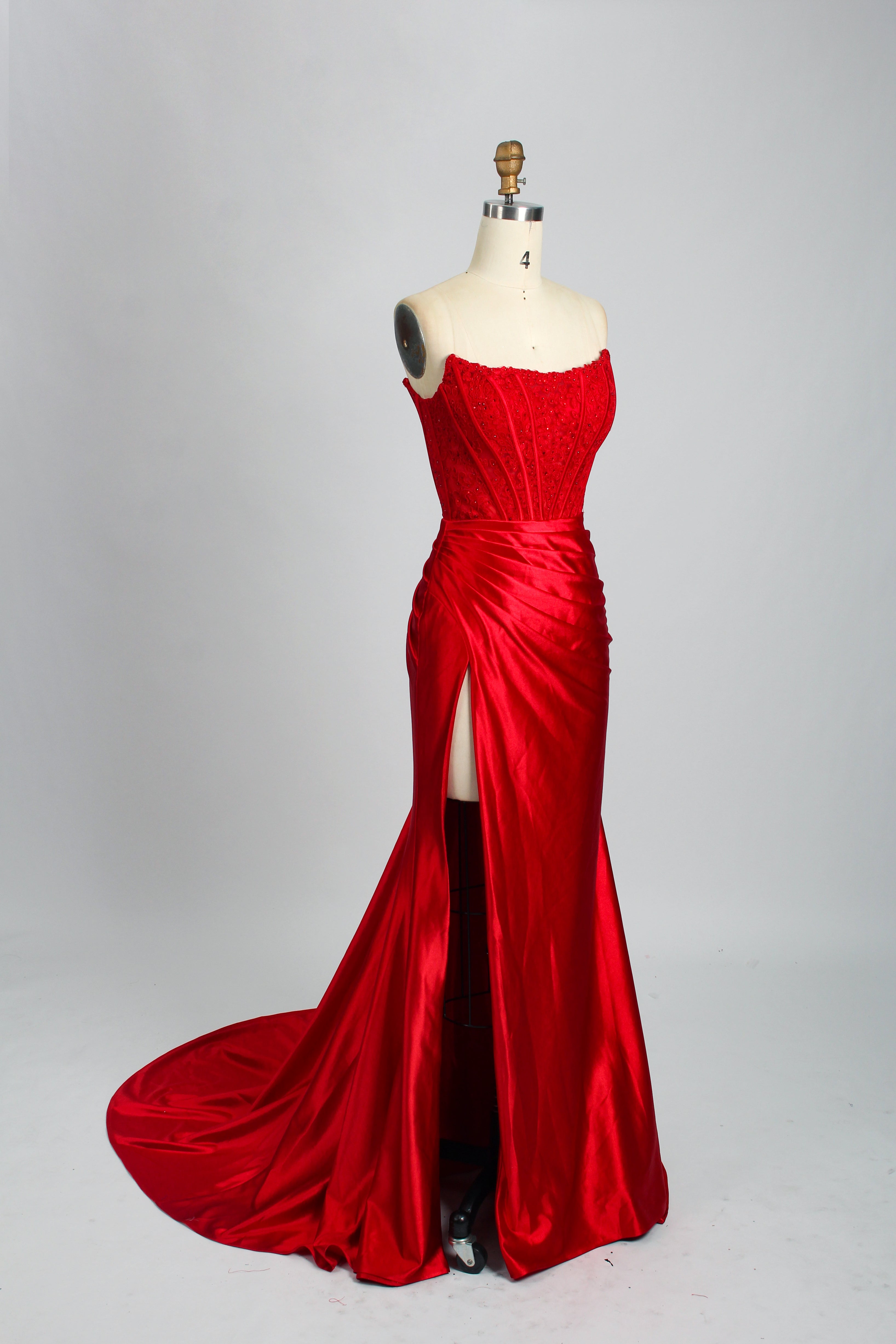Honey Couture AUGUST Red Strapless Embellished Bustier Satin Mermaid Formal Dress