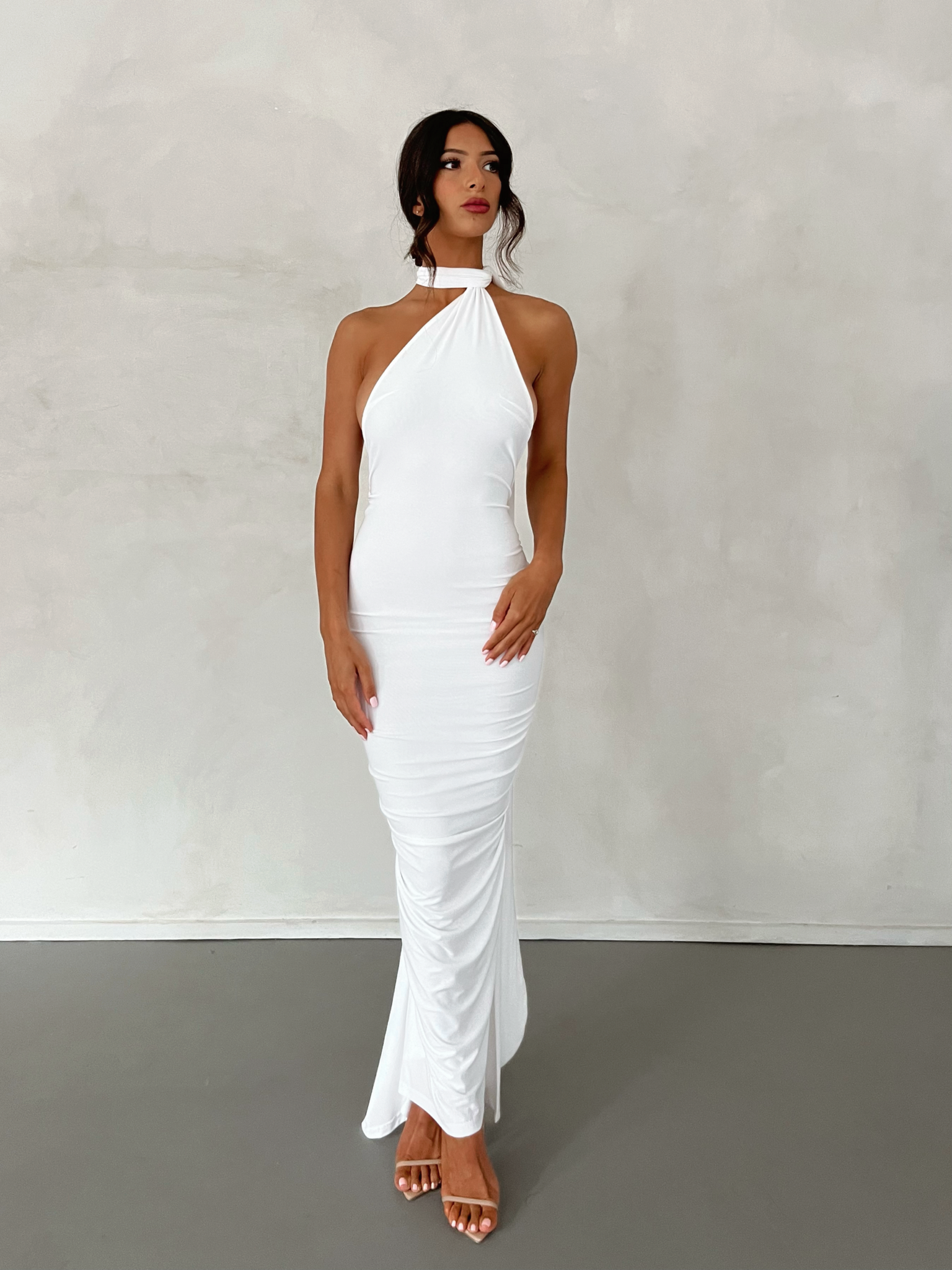 MÉLANI The Label CONSTANTINA White Asymmetric Halterneck Midi Dress