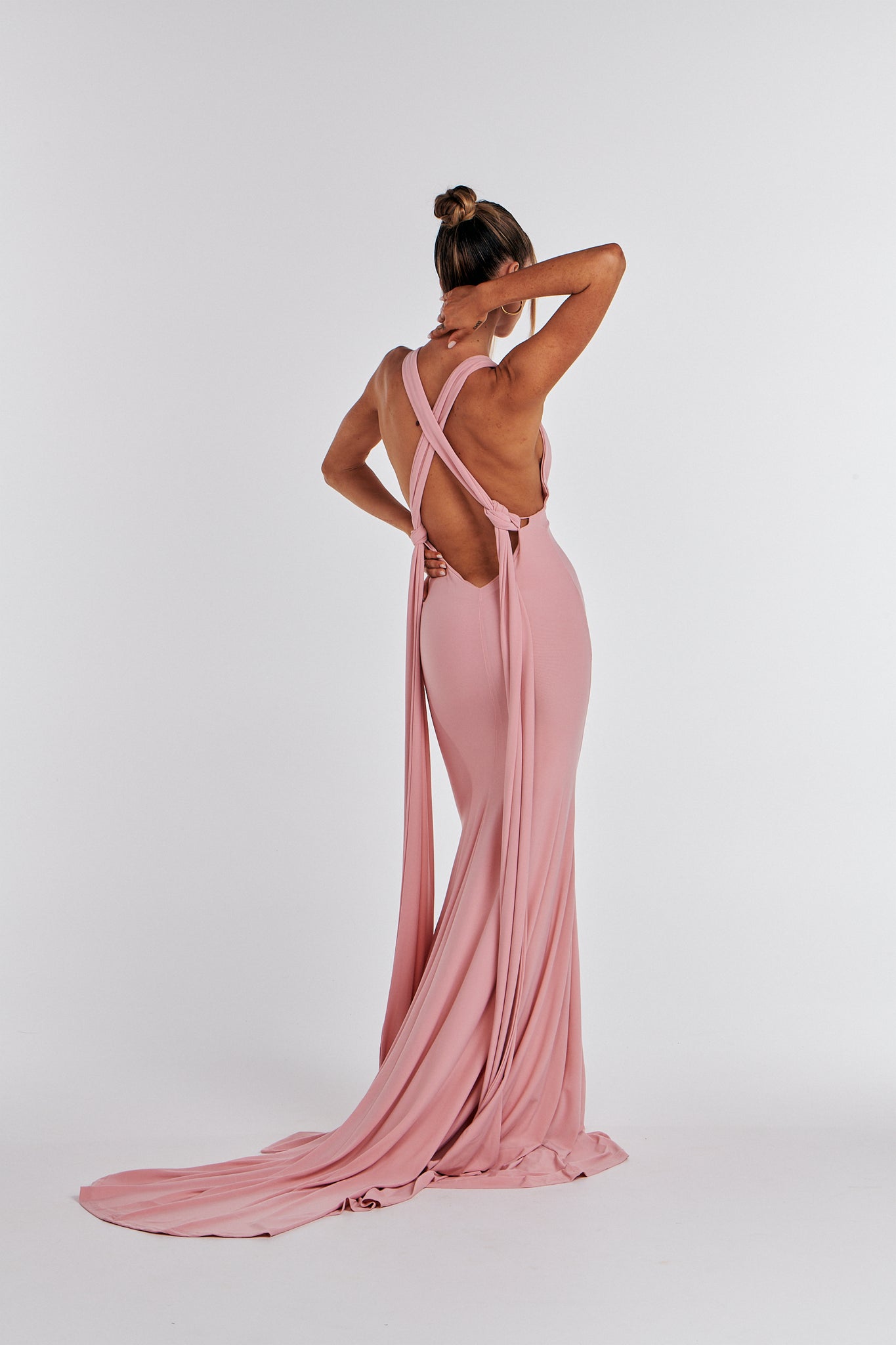 MÉLANI The Label ELIANA Blush Multi Tie Backless Bridesmaid Formal Gown