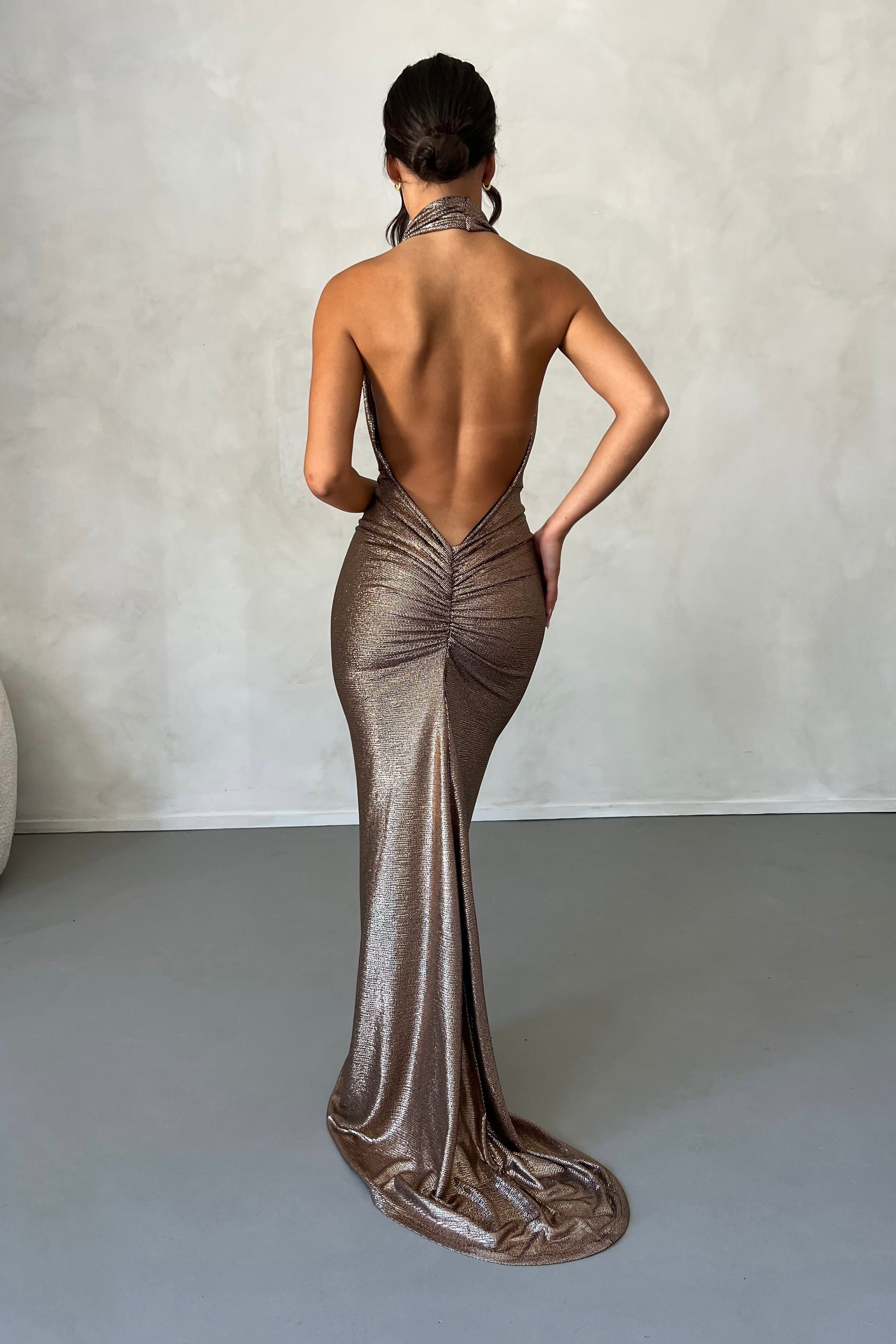 MÉLANI The Label MARIA Bronze Gold Foil Cowl Neck Open Back Dress