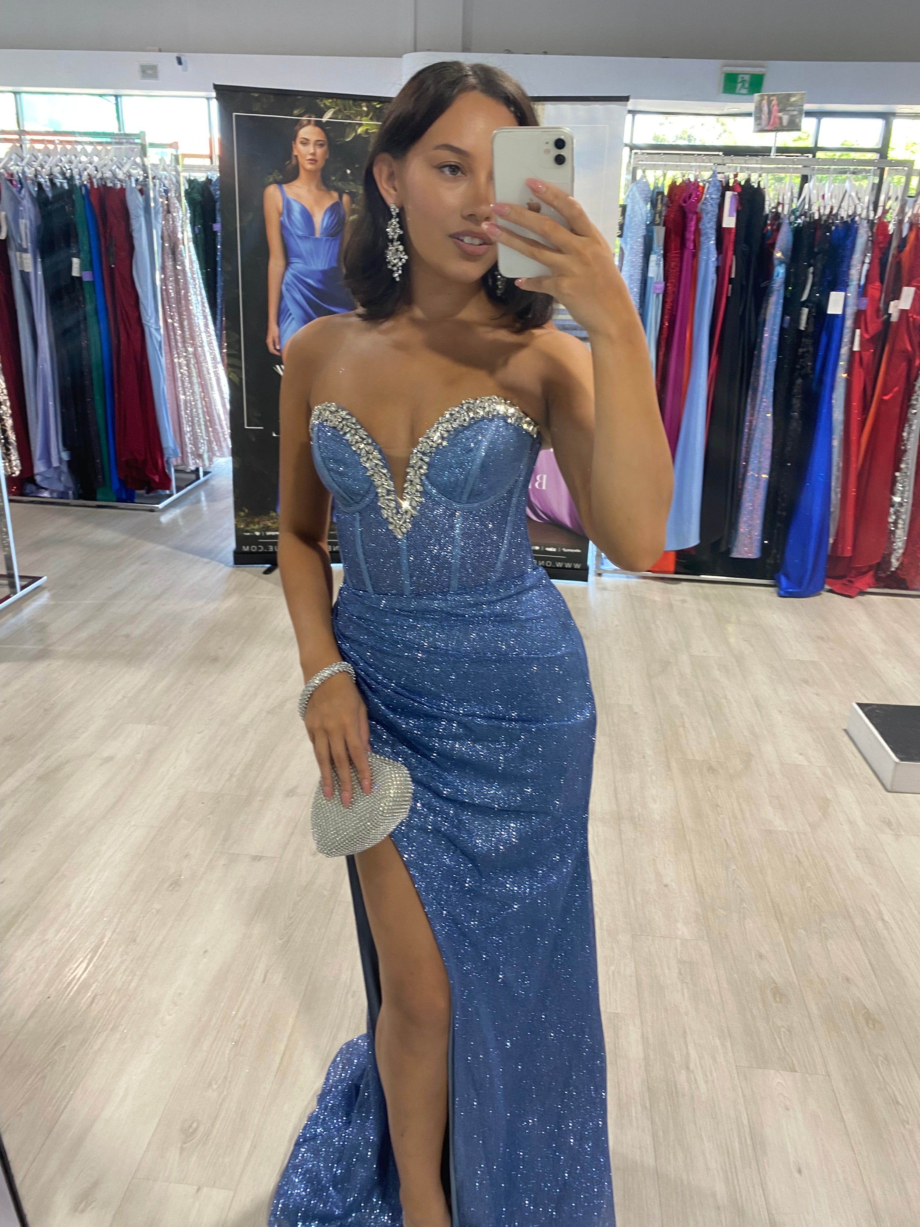 Honey Couture CHANTEL Smokey Blue Glitter Crystal Bustier Corset Prom & Formal Dress